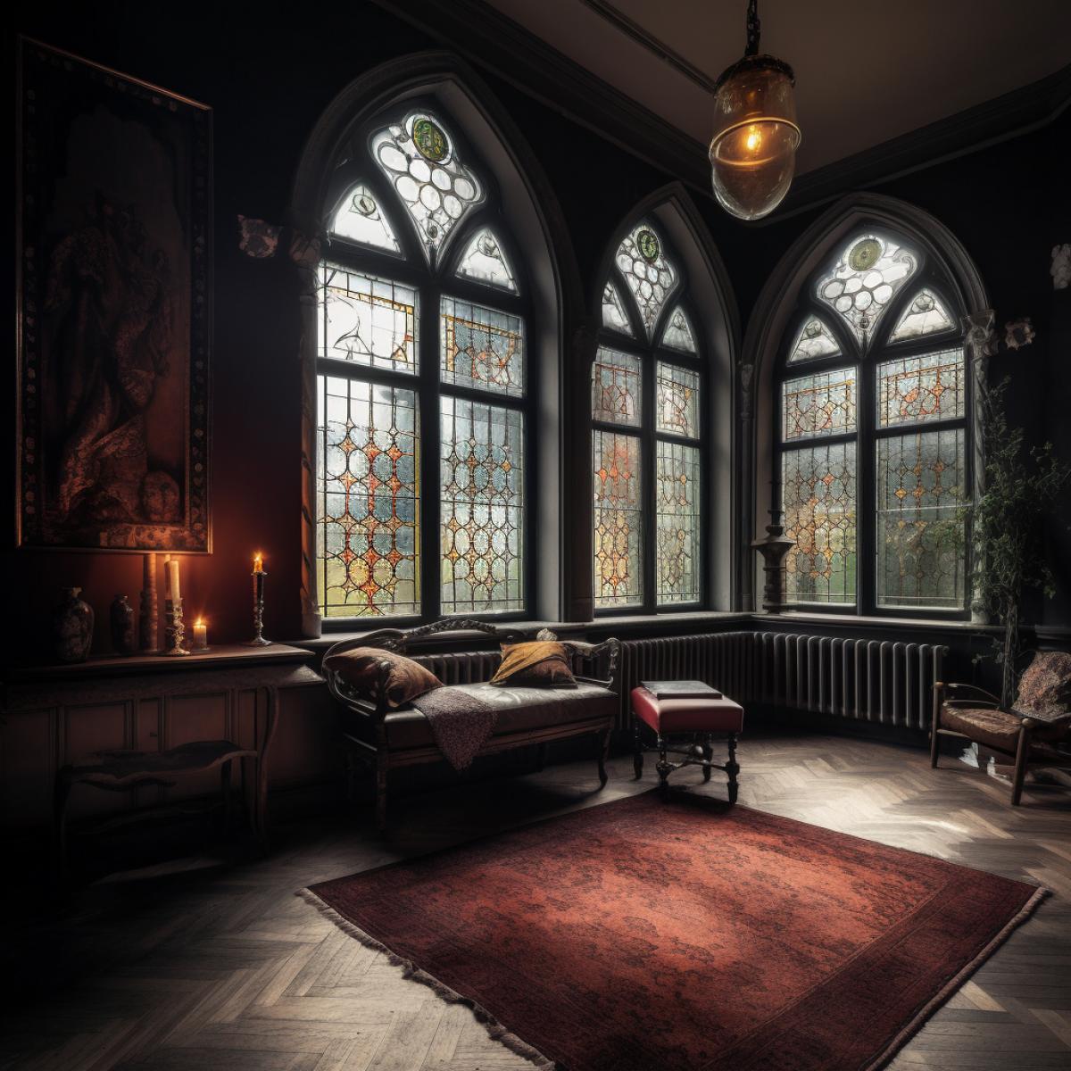 Room, Scandinavian style, Gothic style, luxury richness, rich colors, large window, photography
