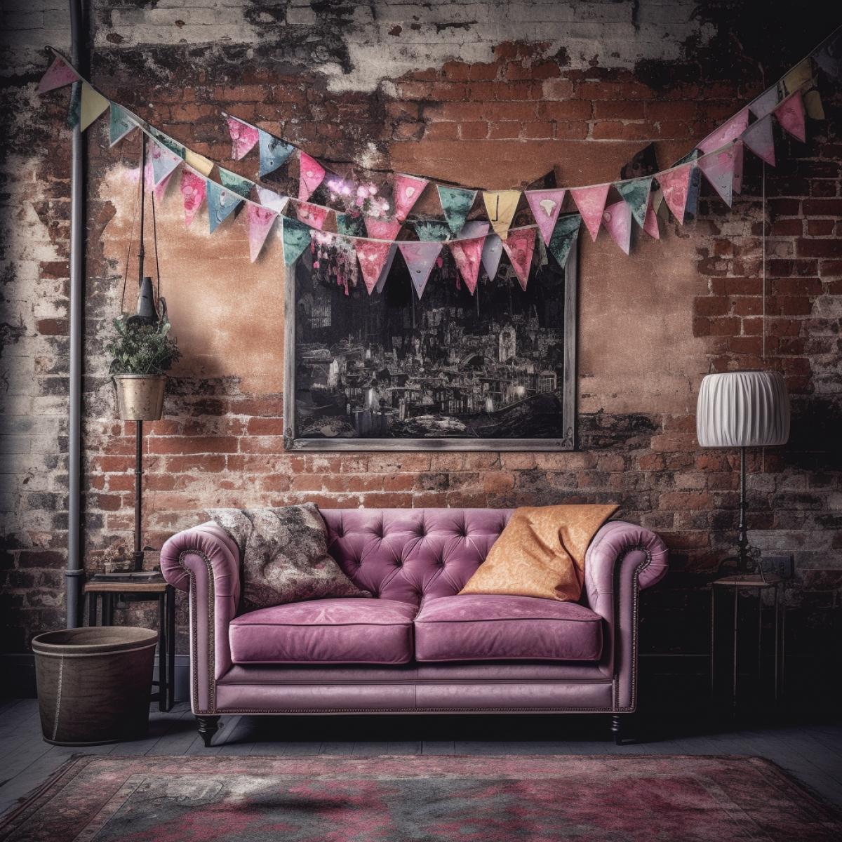 Grunge style, room, brick wall, rock, poster, garland, pink sofa, gothic style, bright and rich colors, photography