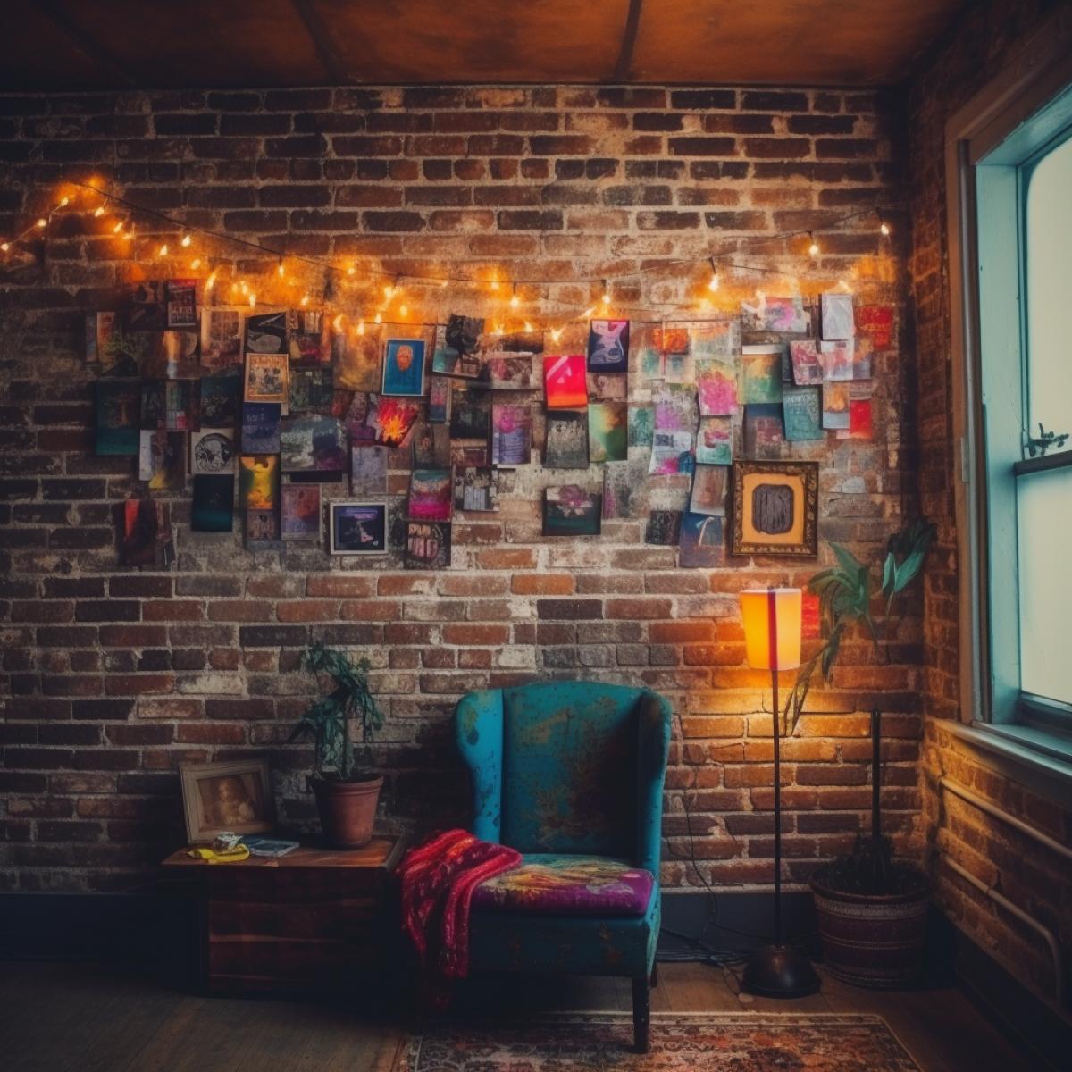 Grunge style, room, brick wall, rock, poster, garland, bright and rich colors, photography