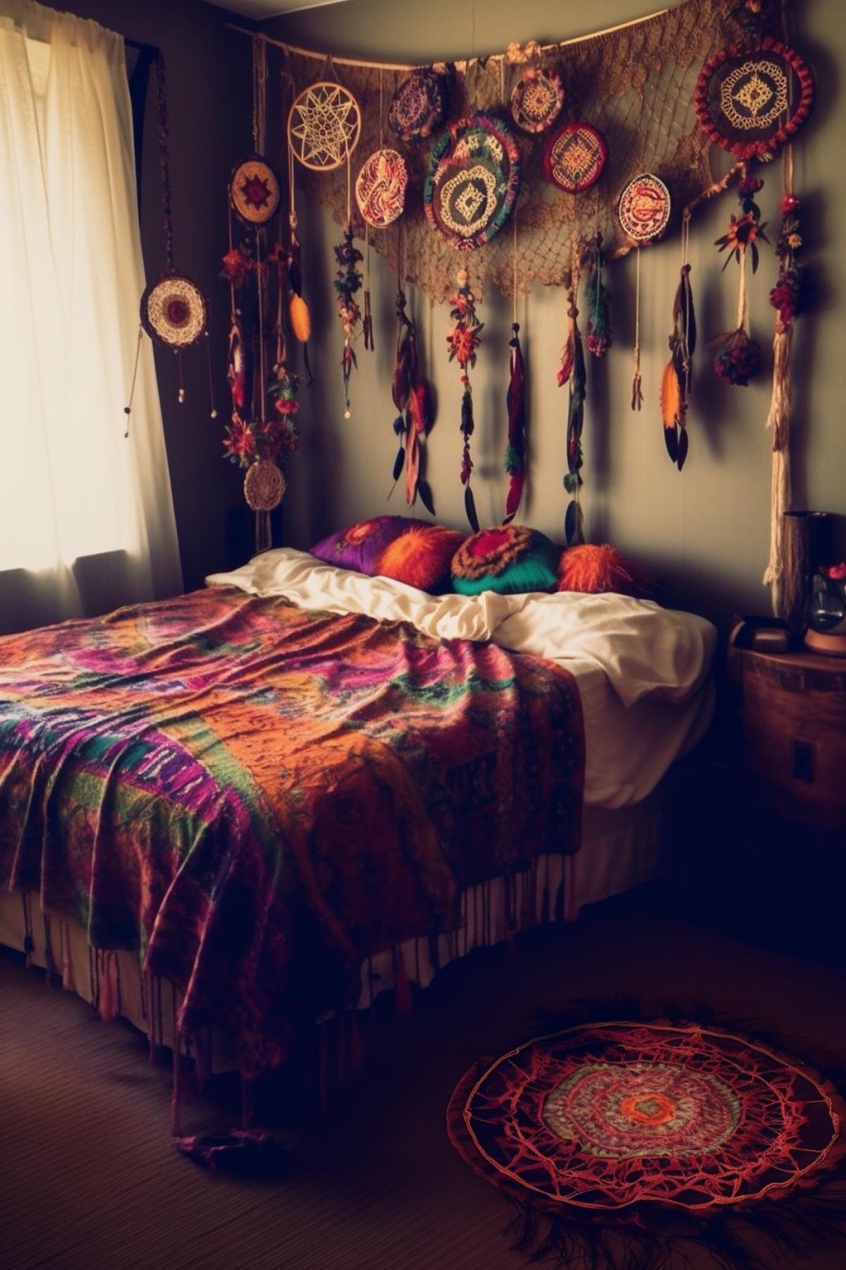 Boho style, room, dream catcher, garland, freedom, ethno style, bright and rich colors, photography