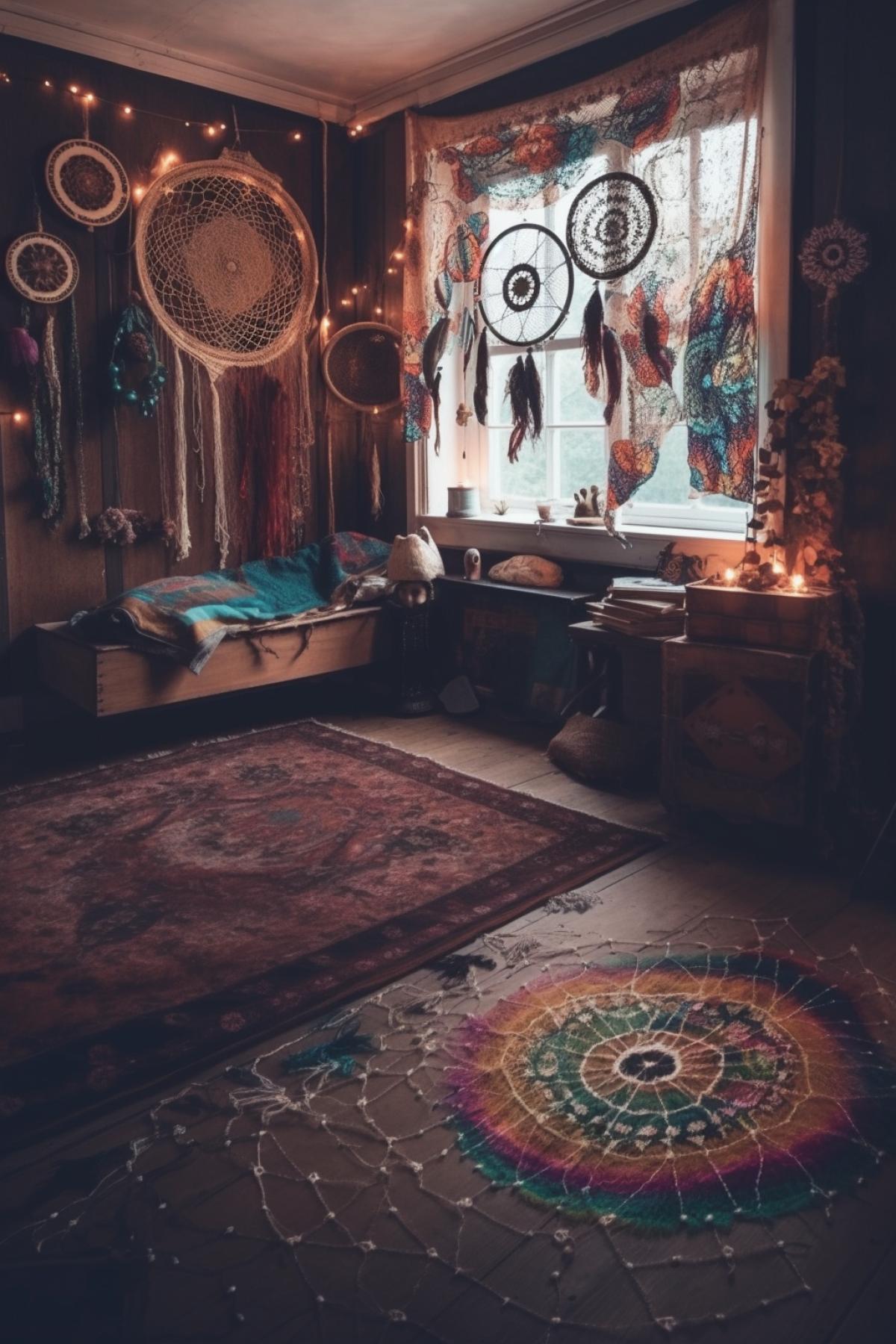 Boho style, room, dream catcher, garland, freedom, ethno style, Gothic style, light, bright and rich colors, photography