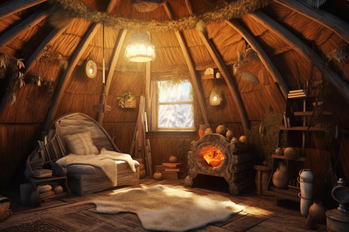With cute and paradise in the hut, view inside the hut, the best and most romantic hut, baroque, illustration