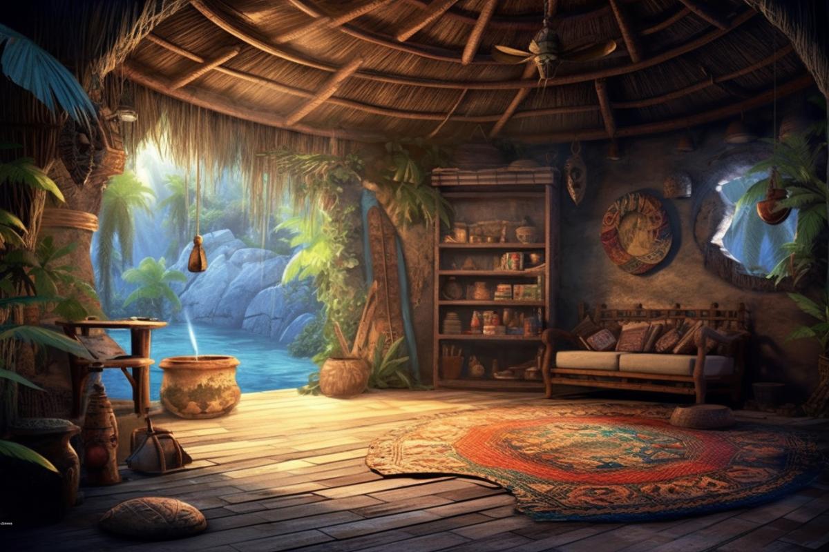 With cute and paradise in the hut, view inside the hut, the best and most romantic hut, baroque, illustration