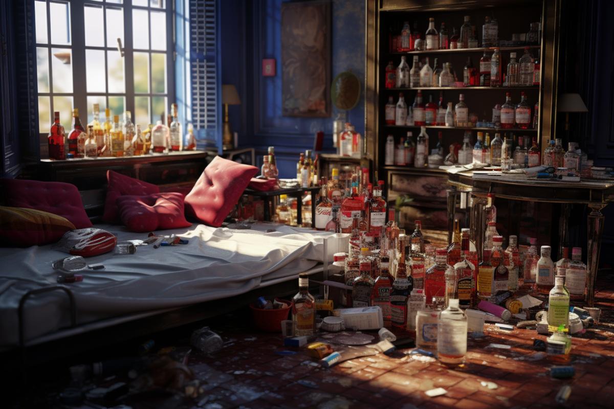 Room with a lot of alcoholic drinks, photorealism