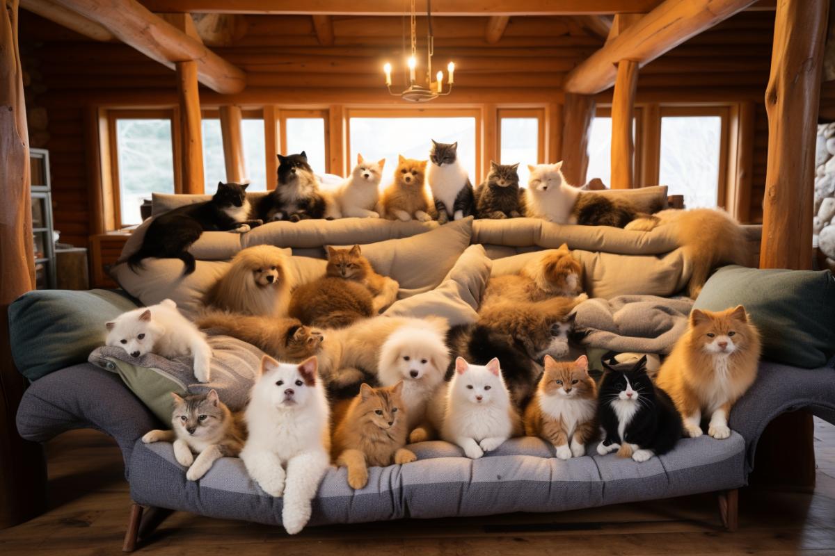 Many different pets sleep in a large cozy room