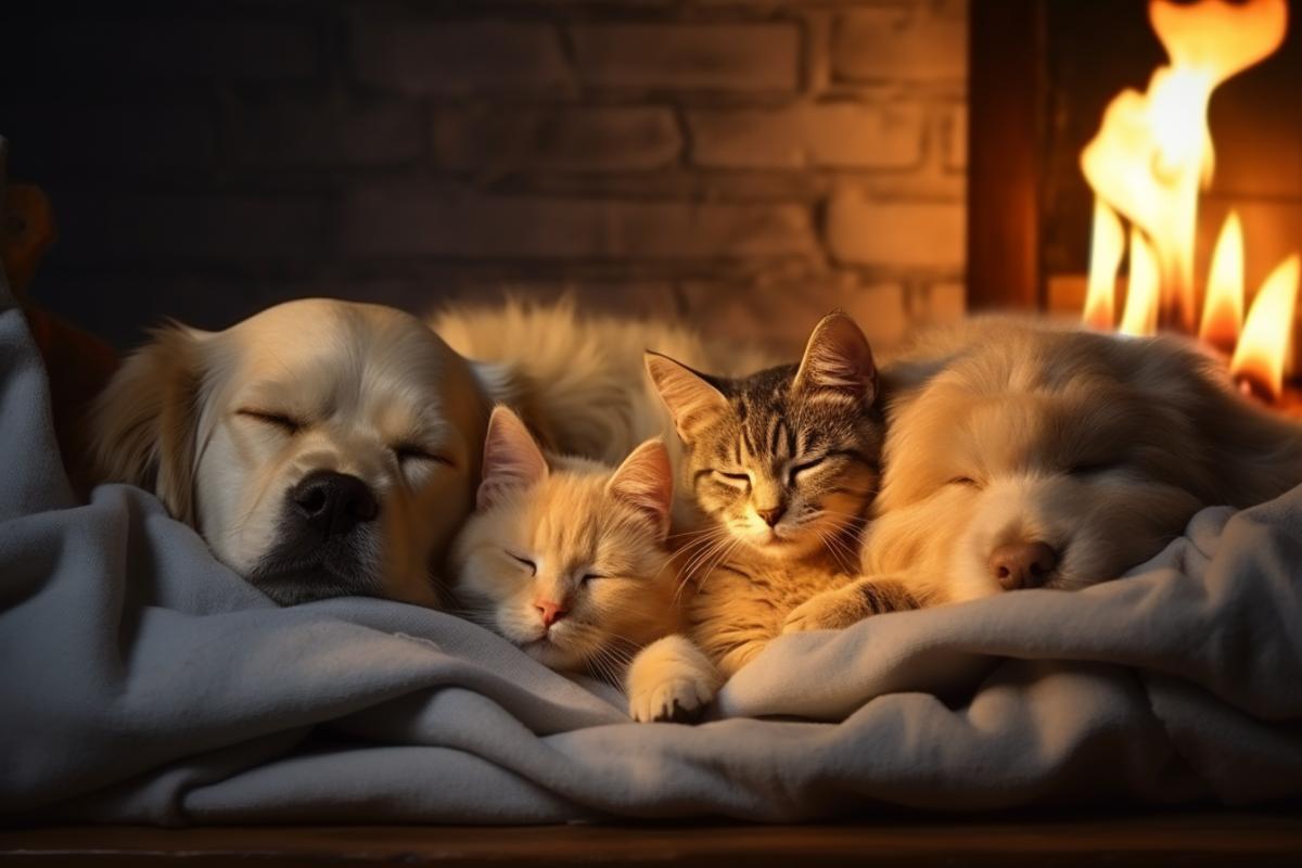 Many different pets sleep in a cozy room, photorealism