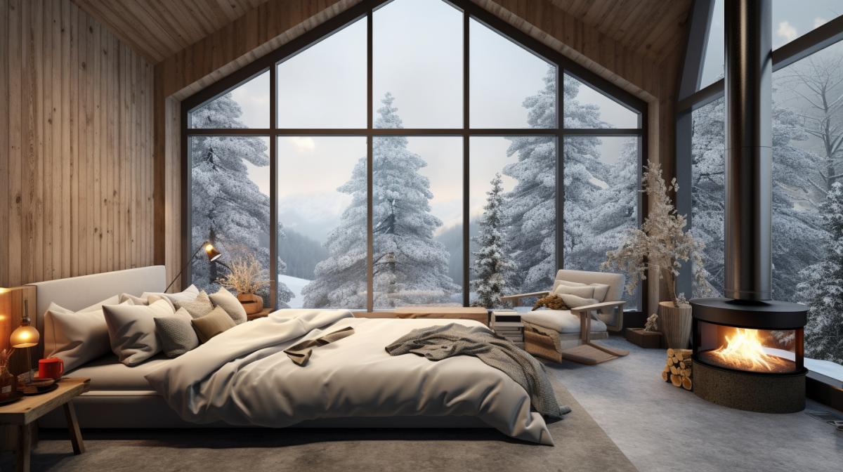 Cozy room with modern interior in loft style, panoramic windows, outside the window snowfall, professional interior photo