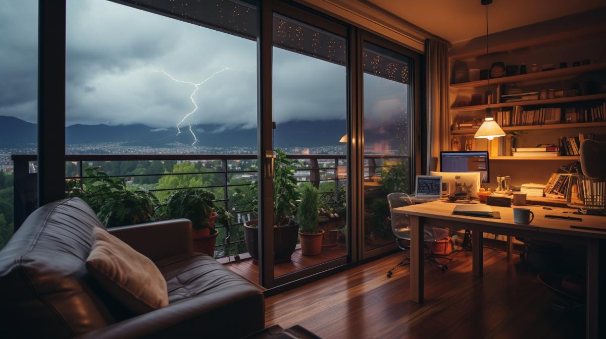 Translated text. Cozy room, warm atmosphere, panoramic windows, a thunderstorm outside the window, professional interior photography