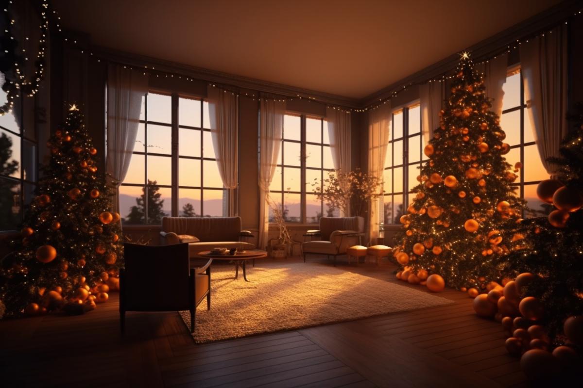Interior of a New Years room for the New Years holiday, fireplace, Christmas tree 🎄, garland lights