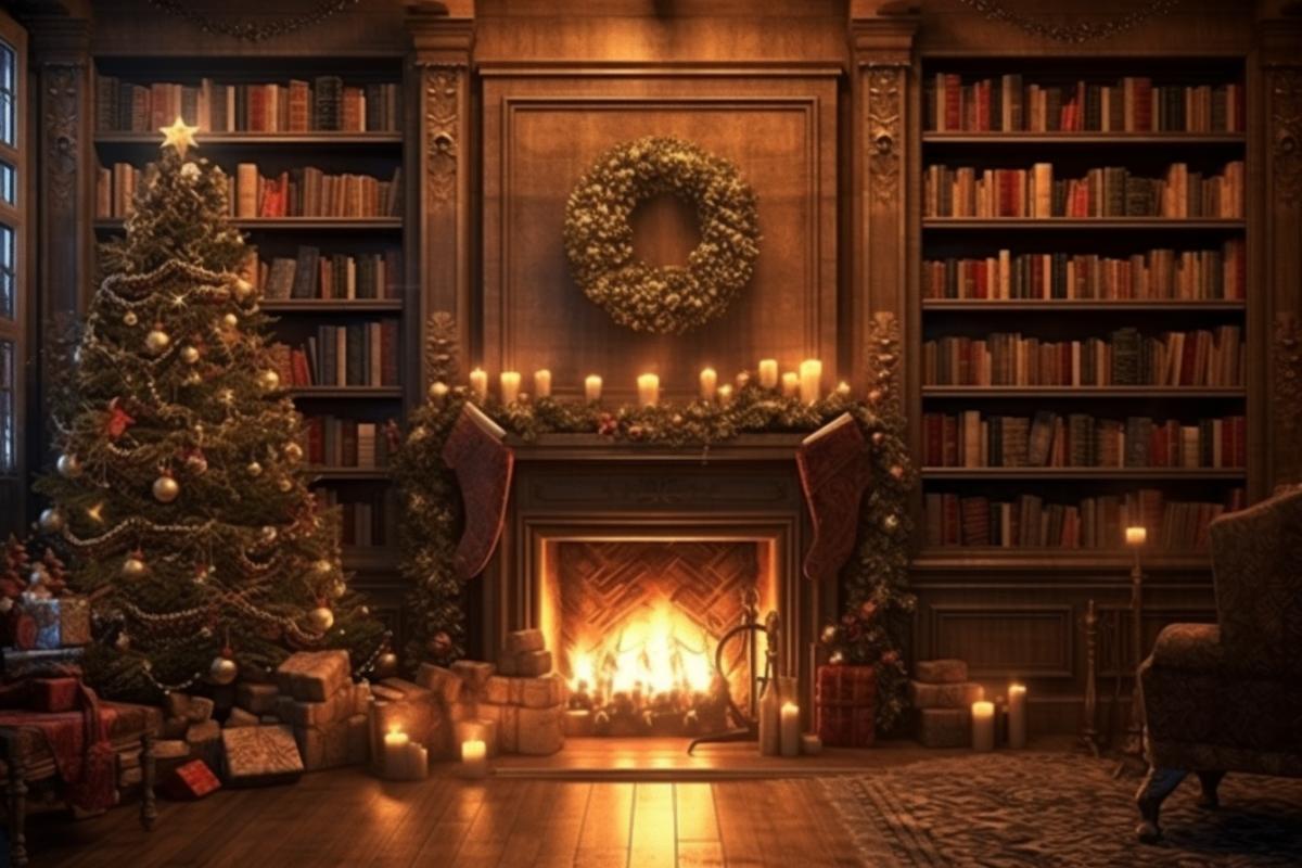Interior of a New Years room for the New Years holiday, fireplace, Christmas tree 🎄, garland lights