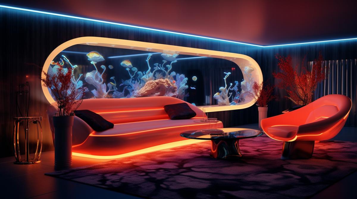 High-end living room design, Glowing Aquarius, neon Fishes, futuristic Seaweed