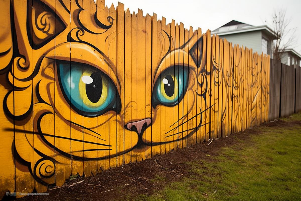 Graffiti on a fence in the shape of a cat