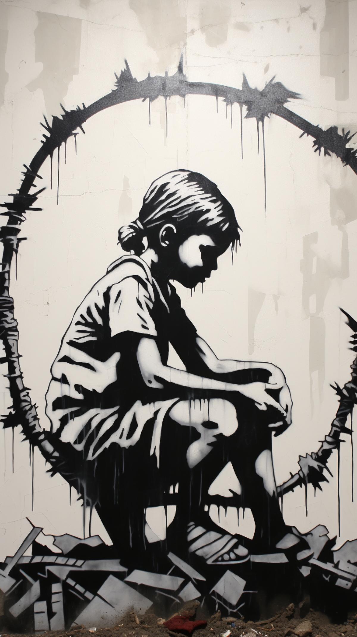 Street art (graffiti) by Banksy. War Child. Detailed stencil graffiti on a concrete wall, monochromatic tones, urban setting, dramatic shadows,