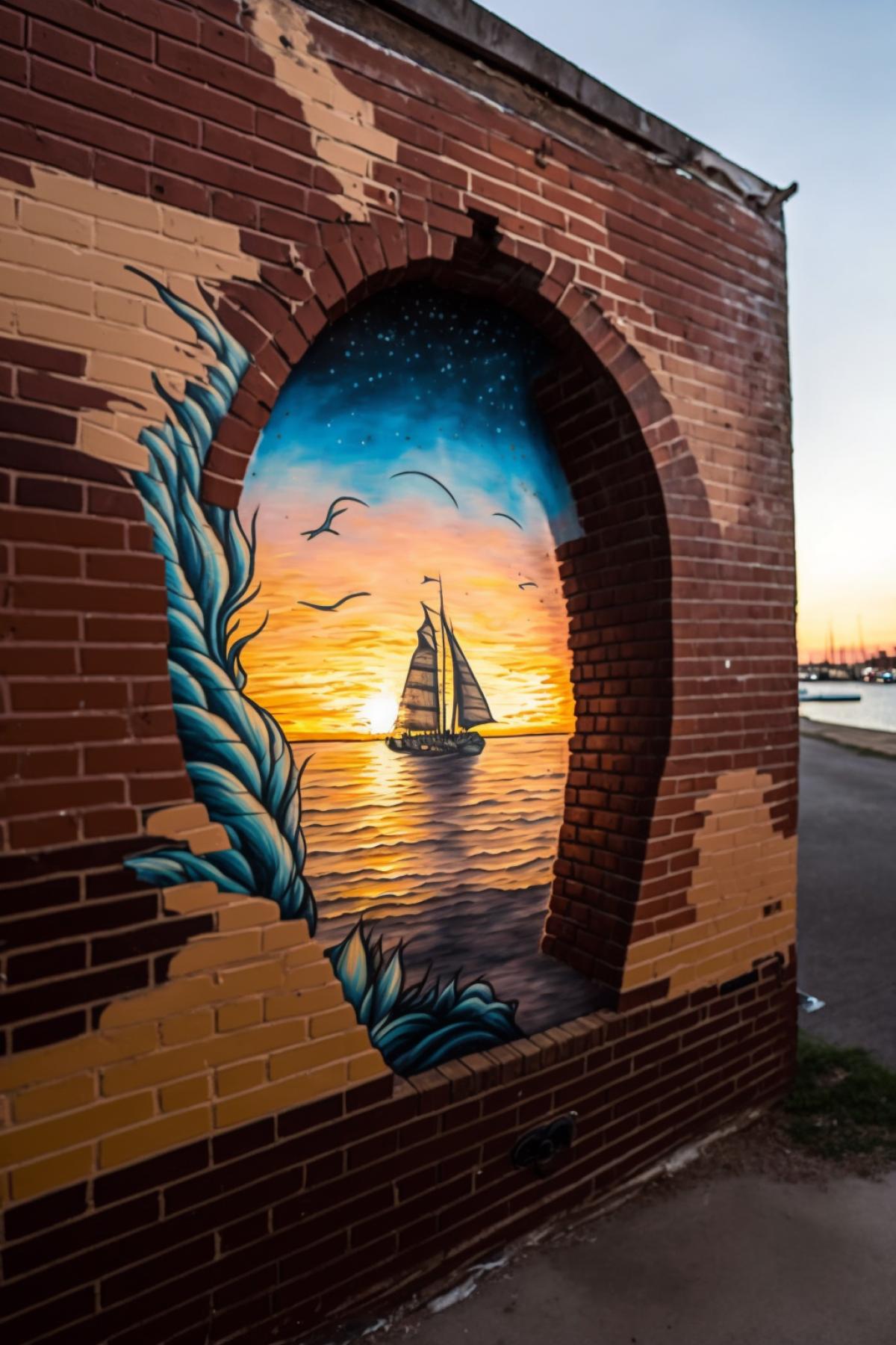 graffiti on a brick wall depicting a sailboat sailing into the sunset on a calm ocean, splashes of paint, blots