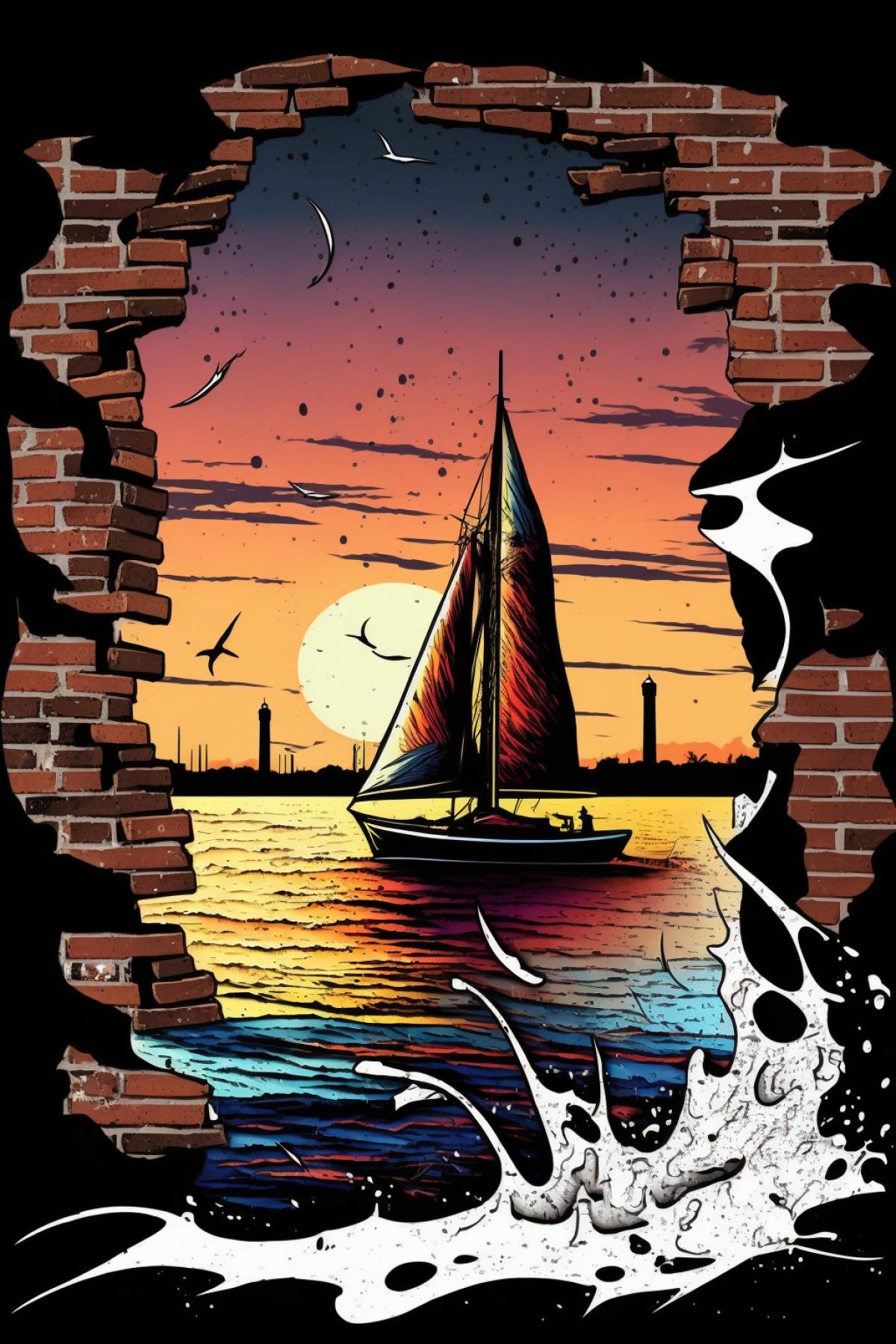 graffiti on a brick wall depicting a sailboat sailing into the sunset on a calm ocean, splashes of paint, blots