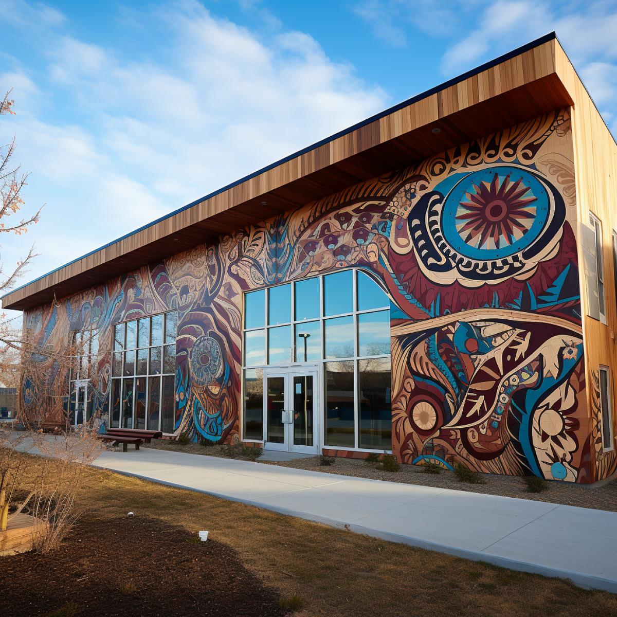 Cultural Tapestry of Unity:. A wooden community center facade transformed into a cultural tapestry. Murals from diverse cultures intertwine, celebrating unity. Each wooden panel hosts a unique artistic representation, creating a harmonious visual dialogue that reflects the cultural richness of the community.