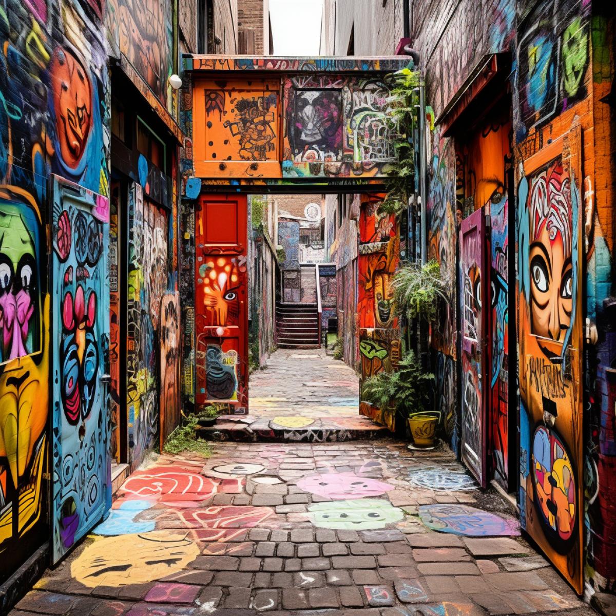 Street Art Poetry:. An urban alleyway transformed into an open-air gallery of poetic murals. Each wooden door or panel features a verse of graffiti, combining words and visuals. The diverse array of styles and messages creates a dynamic street art poem that captivates passersby with its fusion of language and visual expression.