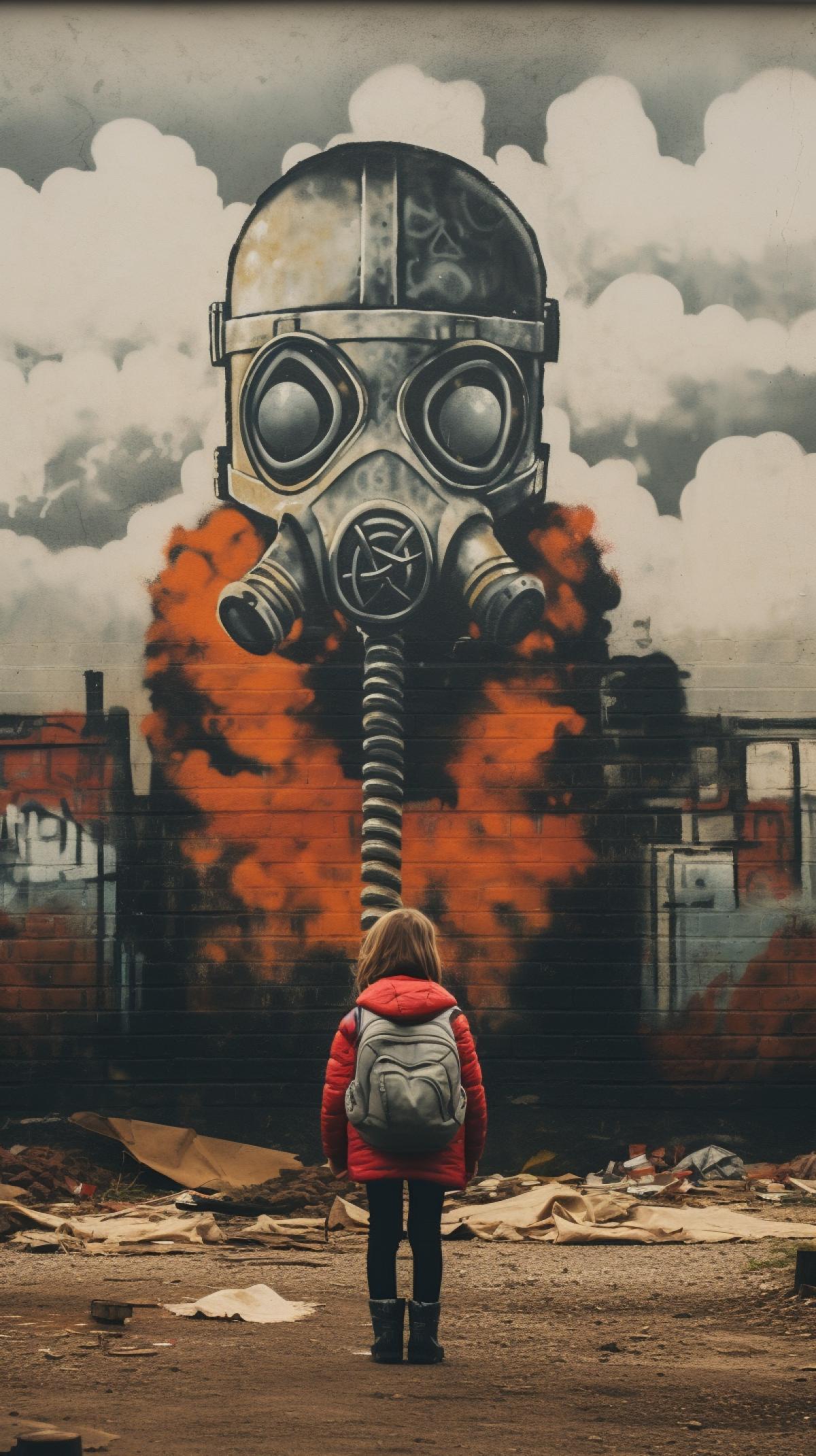 a child looks at graffiti by Shepard Fairey on a brick wall. Depicting a ed Beautiful luxury girl in a gas mask and torn clothes Stands against the backdrop of a city destroyed by a nuclear explosion. Nuclear explosion in the distance. Fear, fright, drama.