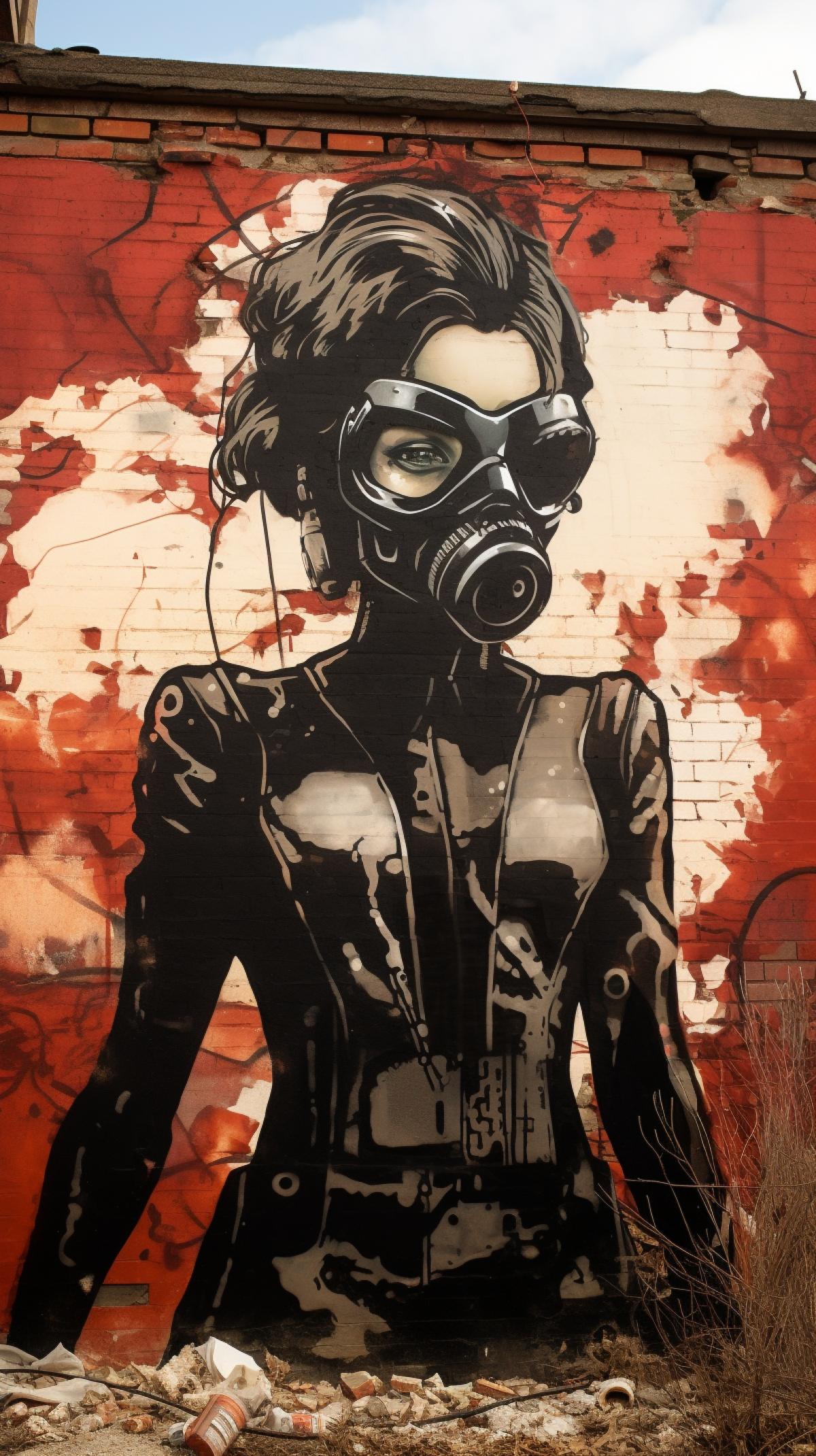 mural graffiti by Shepard Fairey on a brick wall. Depicting a ed Beauty luxury girl in a gas mask and torn clothes Stands against the backdrop of a city destroyed by a nuclear explosion. Nuclear explosion in the distance. Fear, fright, drama.