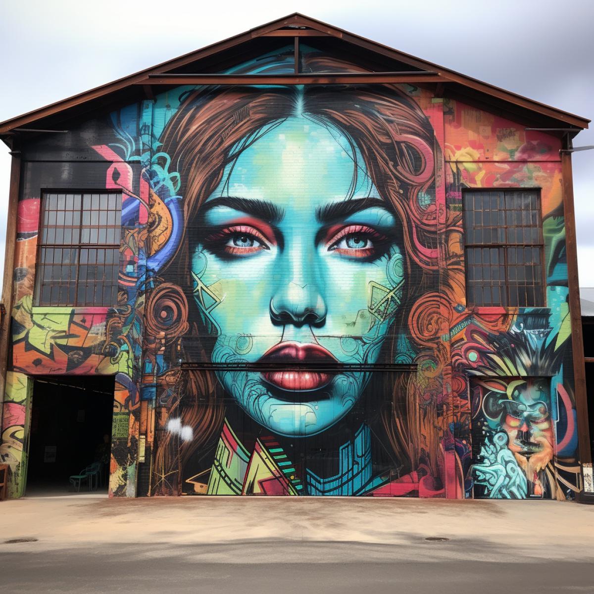 A wooden-fronted warehouse adorned with a graffiti mural reminiscent of Renaissance art. Classic scenes blend seamlessly with the woods texture, creating an urban masterpiece. The interplay between graffiti and the wooden structure adds a touch of classical elegance to the vibrant street art.
