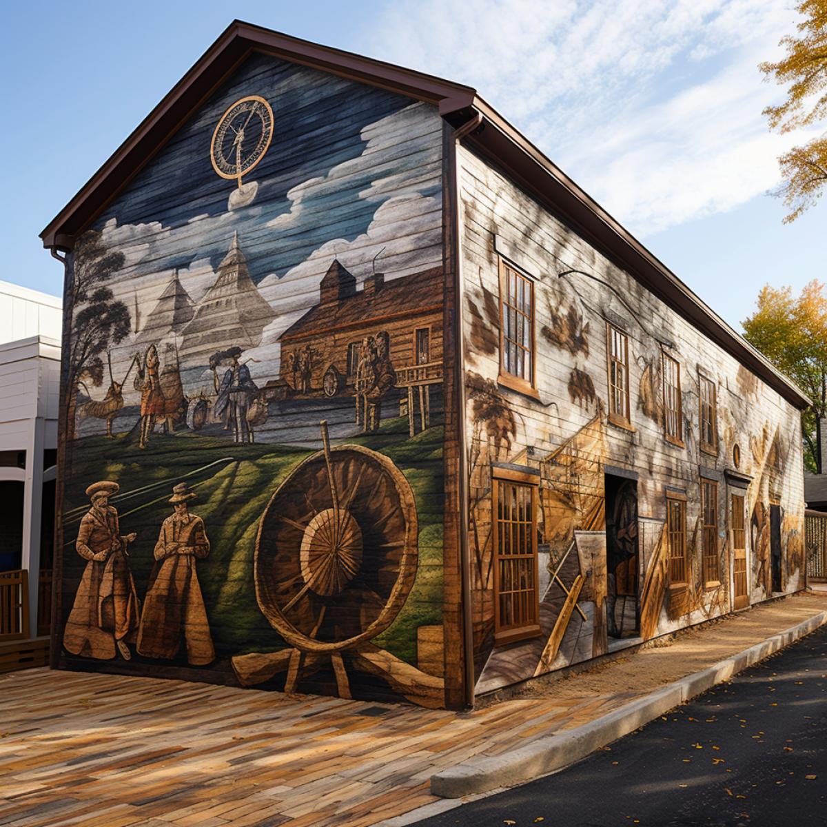 Epic Historical Timeline:. A wooden building facade serves as a canvas for a historical mural journey. From ancient civilizations to modern achievements, the artwork chronicles milestones. The woods natural grain subtly interacts with the scenes, providing texture to the tales of bygone eras, creating a mural thats both educational and visually stunning.
