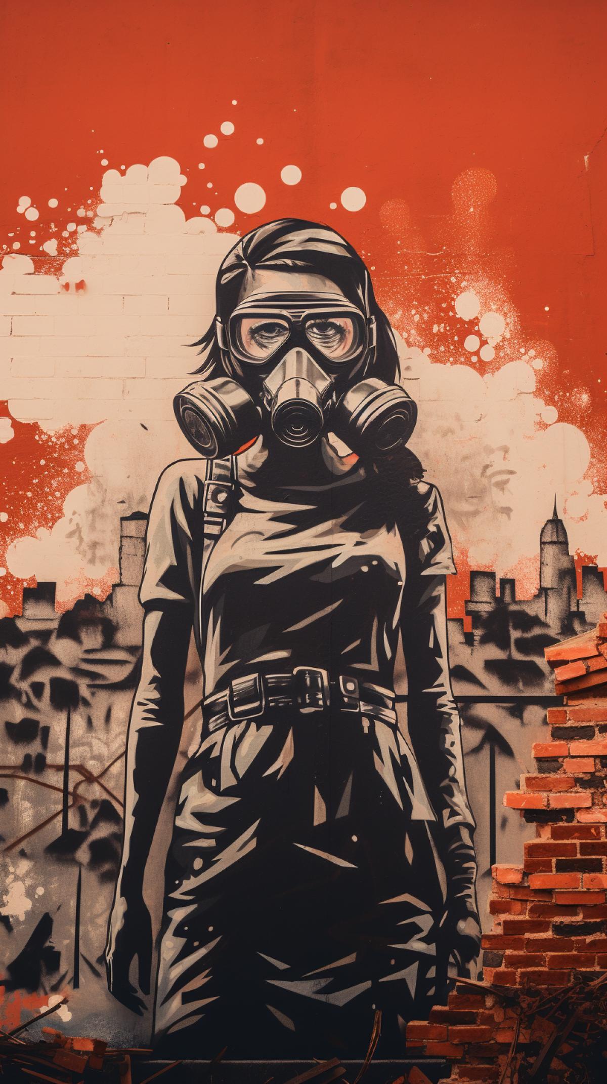 mural graffiti by Shepard Fairey on a brick wall. Depicting a ed Beauty luxury girl in a gas mask and torn clothes Stands against the backdrop of a city destroyed by a nuclear explosion. Nuclear explosion in the distance. Fear, fright, drama.