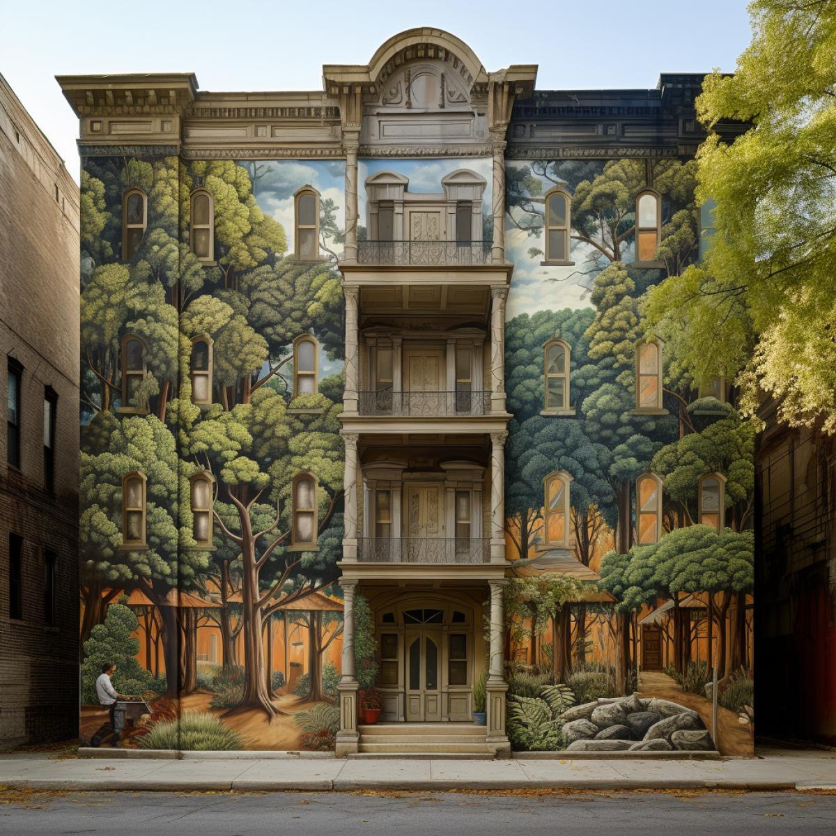 An entire building facade narrates the citys evolution through a mural. Wooden pillars and window shutters host scenes from different eras, showcasing the architectural and cultural changes. The woods texture adds authenticity to the historical journey portrayed on the street-facing canvas.