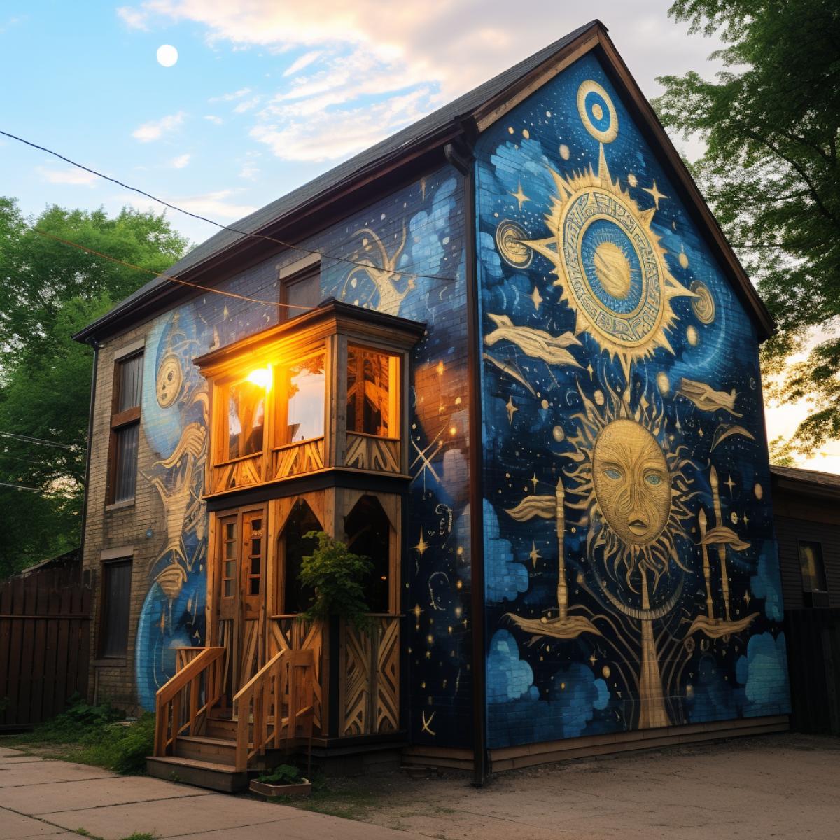 A wooden building exterior transformed into an astrological wonderland. Graffiti murals depict zodiac signs and celestial scenes. The woods natural patterns enhance the mystical atmosphere, creating an otherworldly experience for those strolling through the city streets.