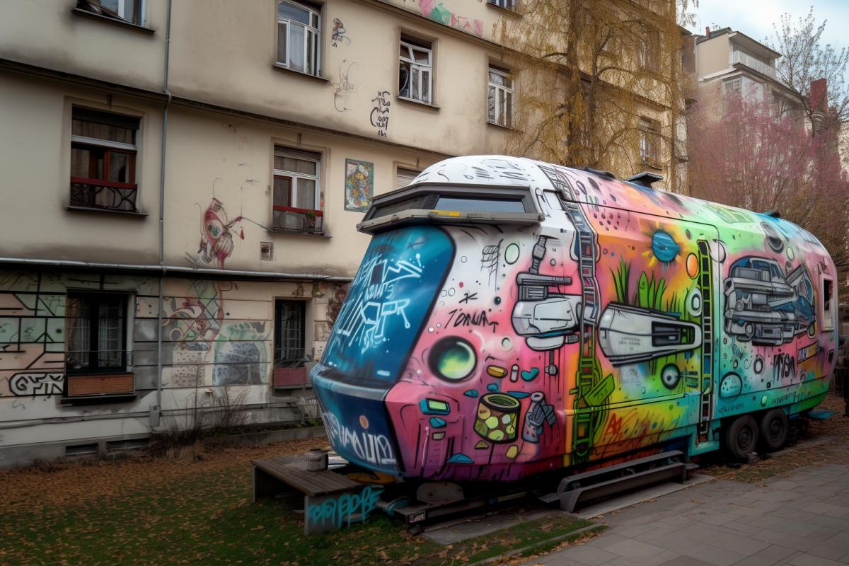 Graffiti, spaceship, social advertising, saving the world, gothic style, bright and rich colors, flickering, photography