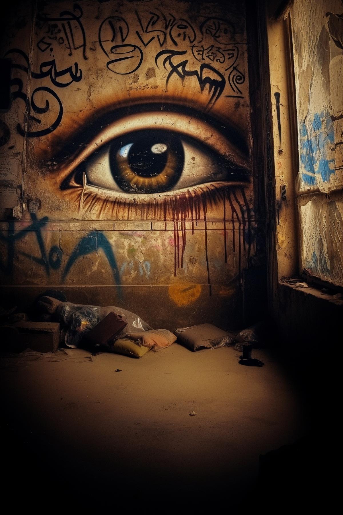 Eye, Egyptian god, graffiti, inscription I see everything, Gothic style, flicker, photography