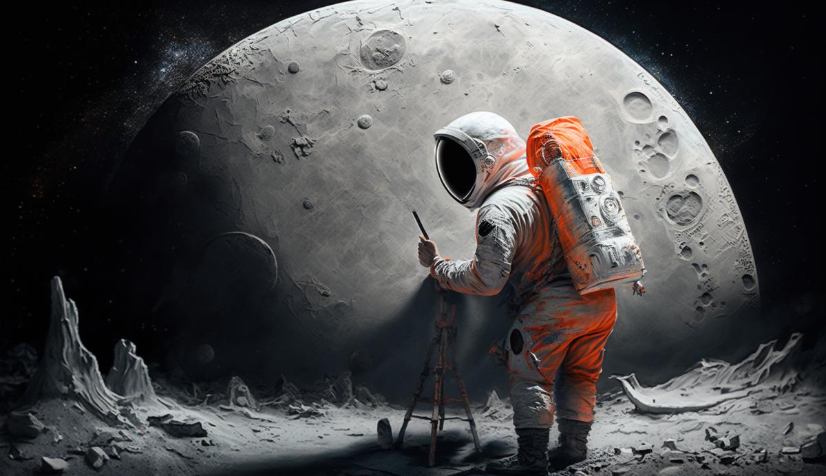 An astronaut paints graffiti on the moon