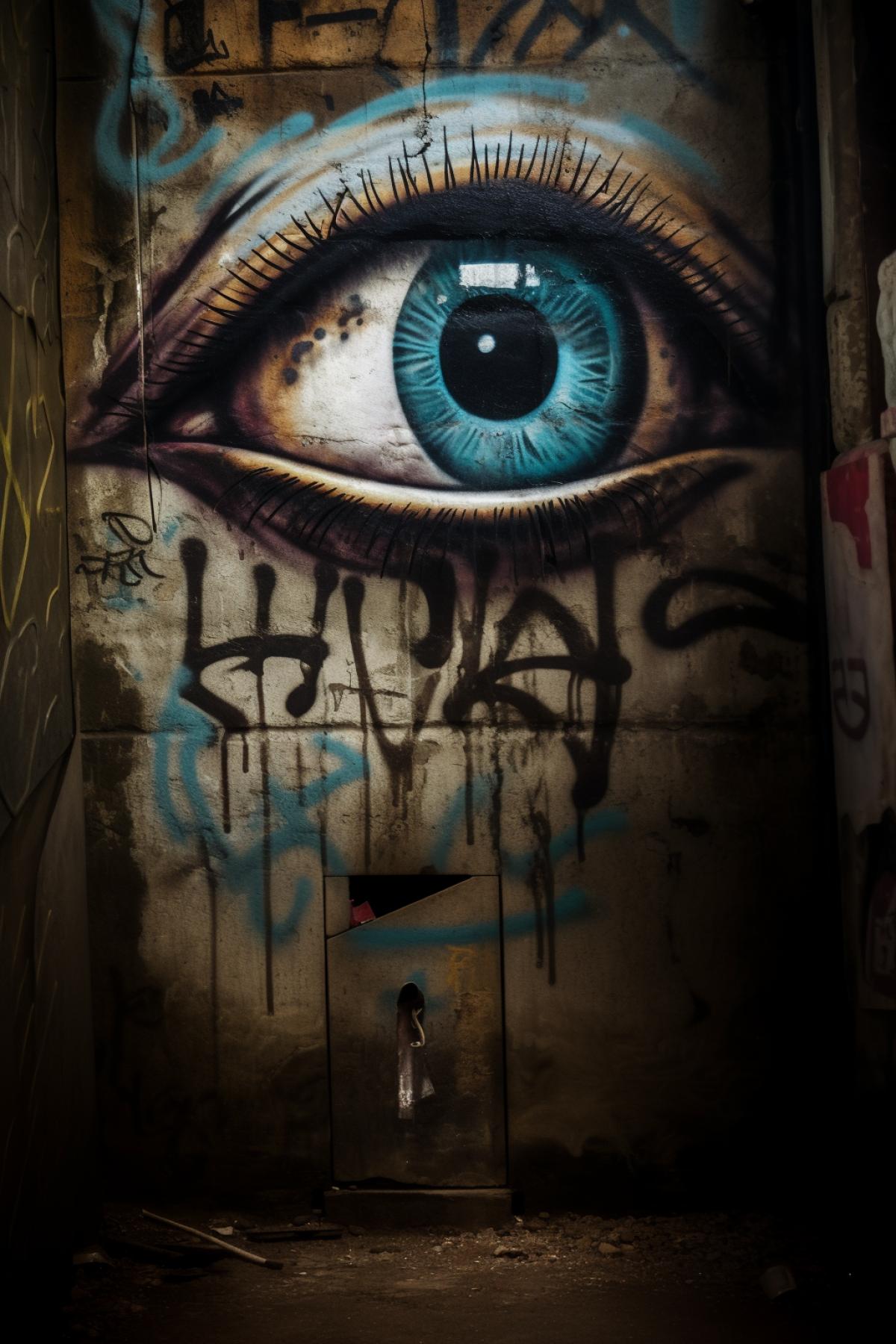 Eye, Egyptian god, graffiti, inscription I see everything, Gothic style, flicker, photography
