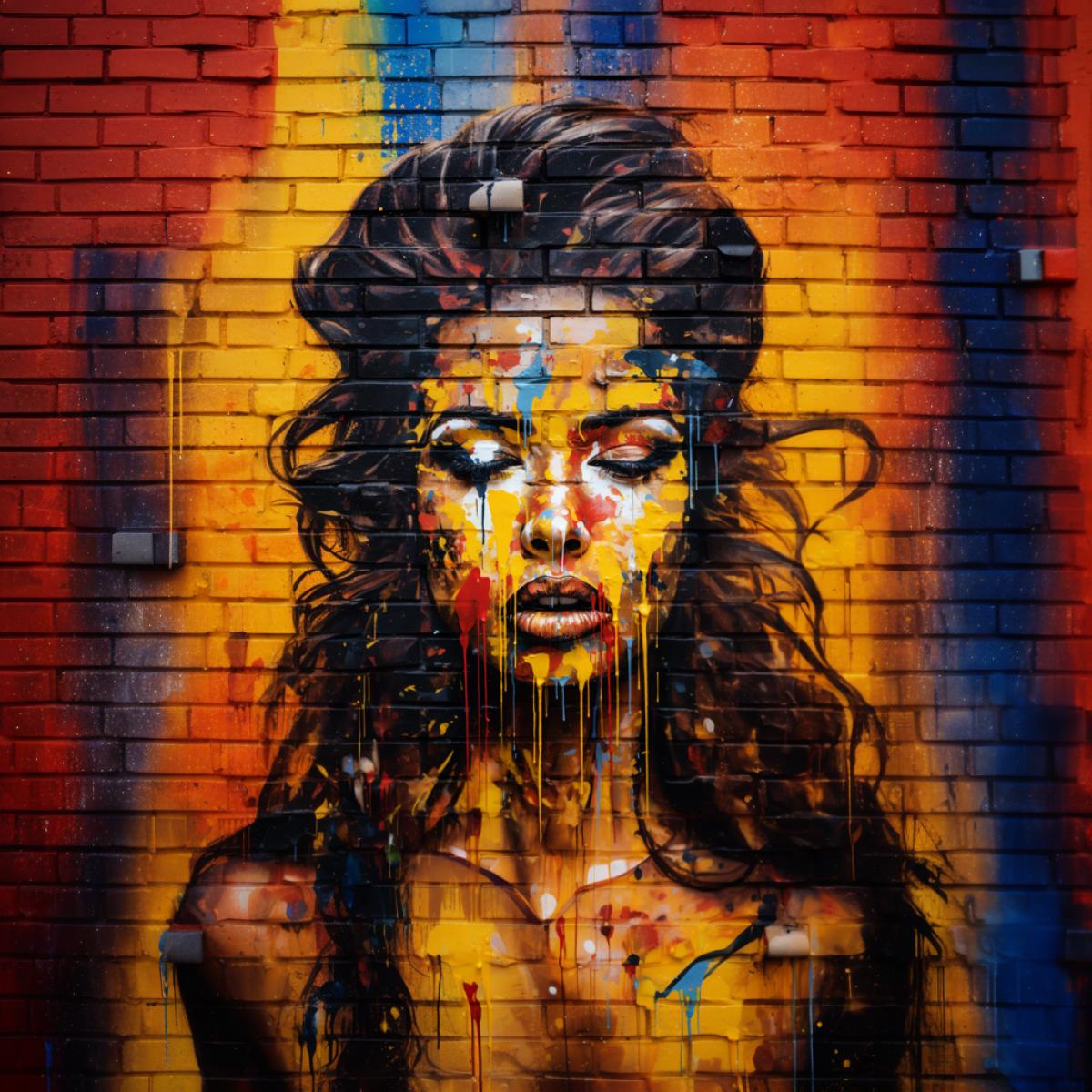 Graffiti artwork on the wall of a building, bright colors, encaustic, dripping, wet paint, brush strokes, abstract, dramatic woman Portrait, Brick background