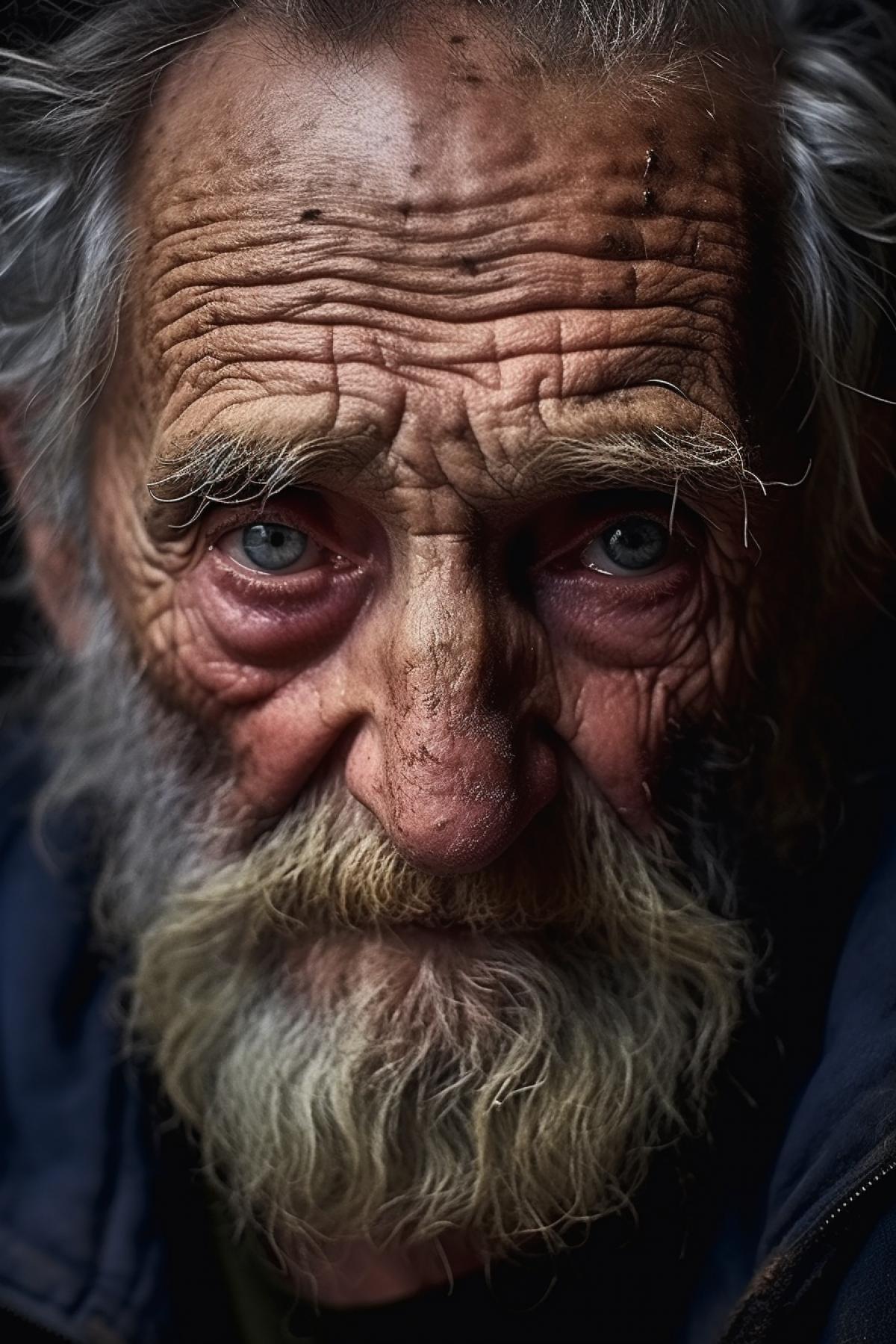 Lonely old mans portrait abandoned sorrowful sad deep wrinkles tears on eyes awarded breathtaking photo