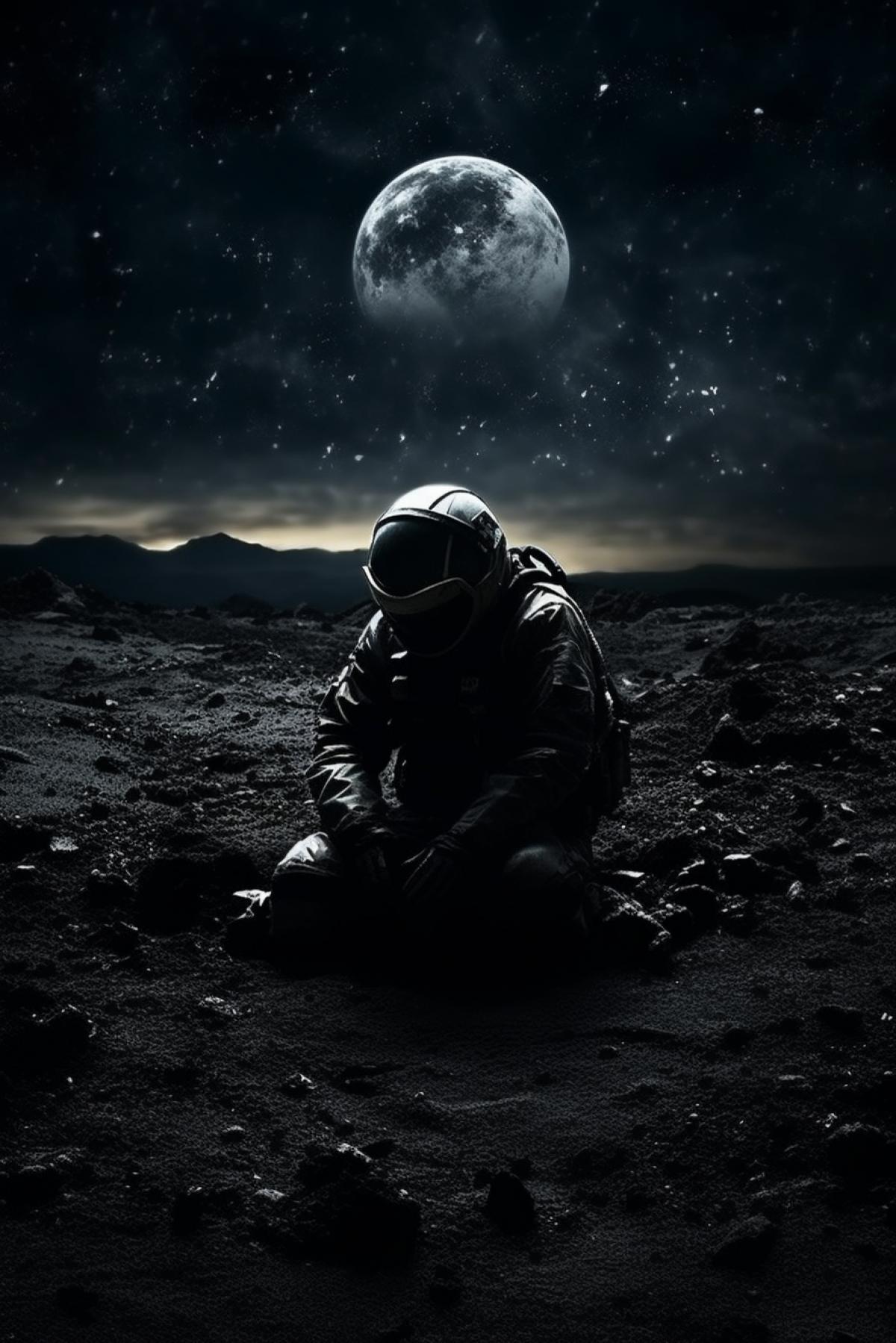 Lonely astronaut deep in open space loneliness sorrowful sad eternal dark universe around
