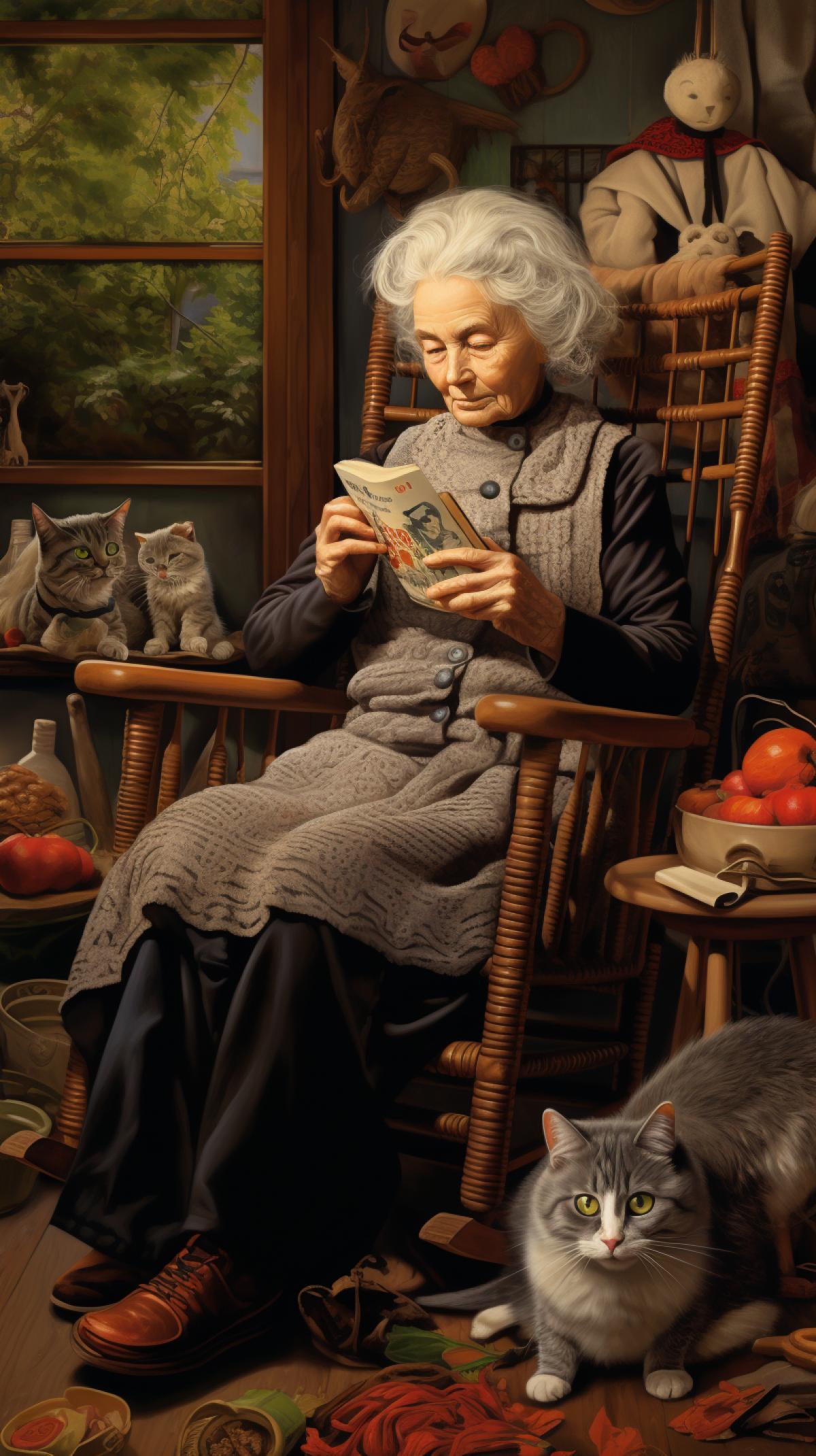 An old gray-haired woman in a rocking chair. Knitting. Cats are sitting nearby.