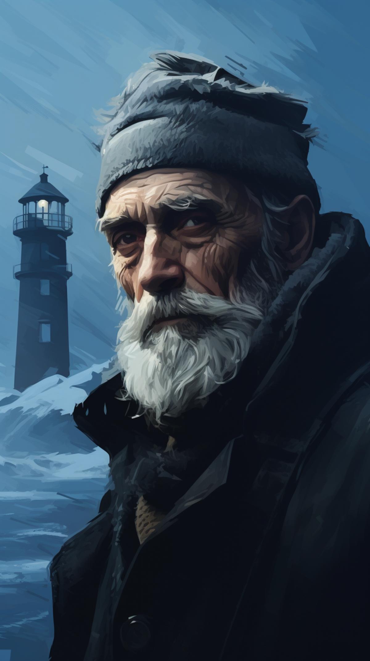 An old, gray-haired man in winter clothing. The lighthouse keeper. Frost, a frozen face. In the background, a lighthouse and the sea. Solitude.