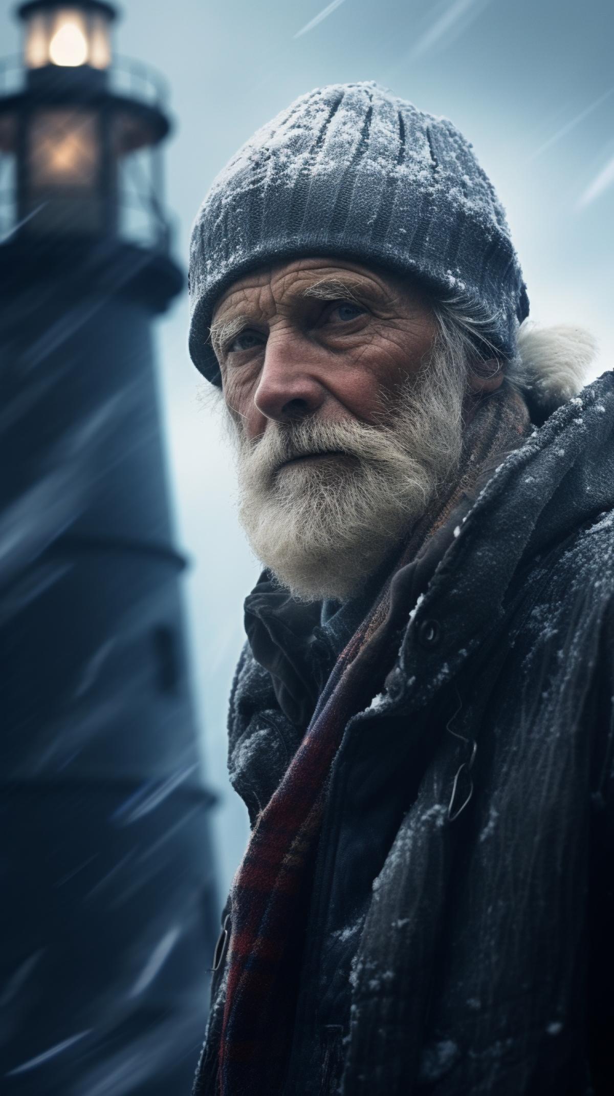 An old, gray-haired man in winter clothing. The lighthouse keeper. Frost, a frozen face. In the background, a lighthouse and the sea. Solitude.
