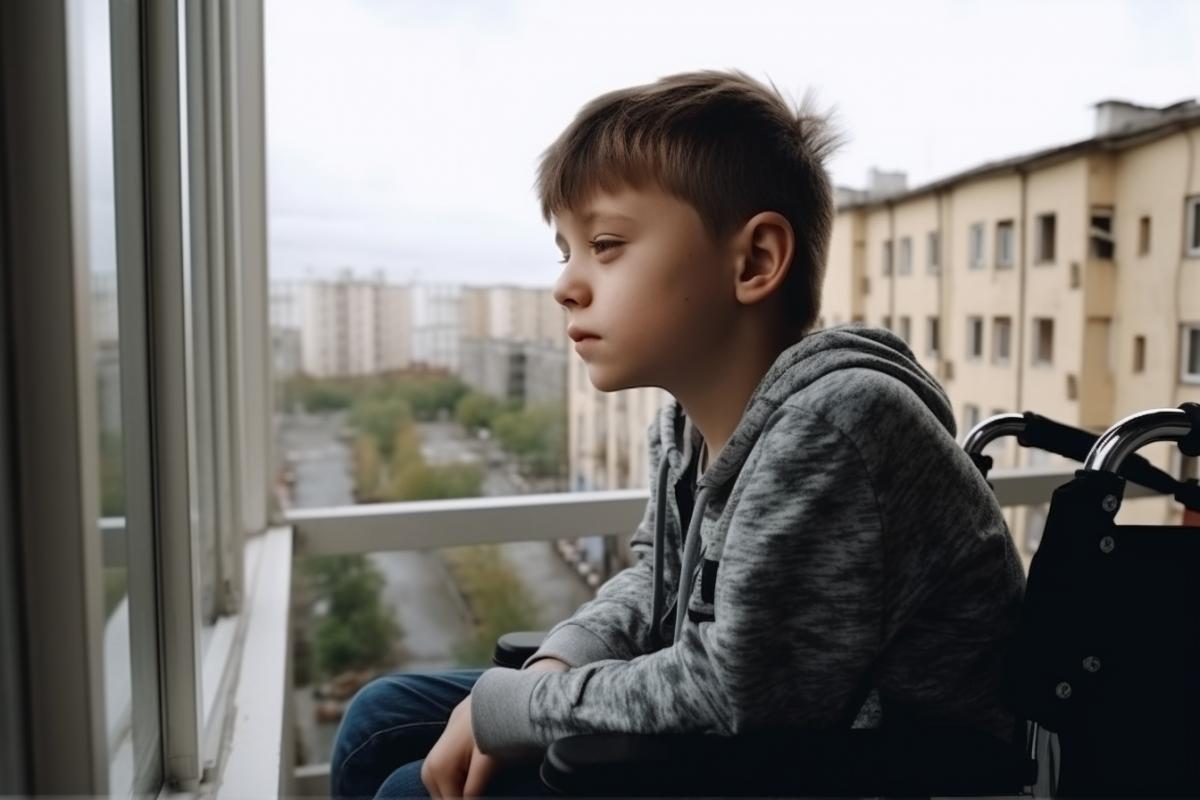 a boy in a wheelchair sits on the balcony of a high-rise building, in the courtyard of which children are playing, the boy is sad, sad, melancholy and loneliness in his gaze, cinematic, hyper detailed, hyper realistic, professional photo, 8k