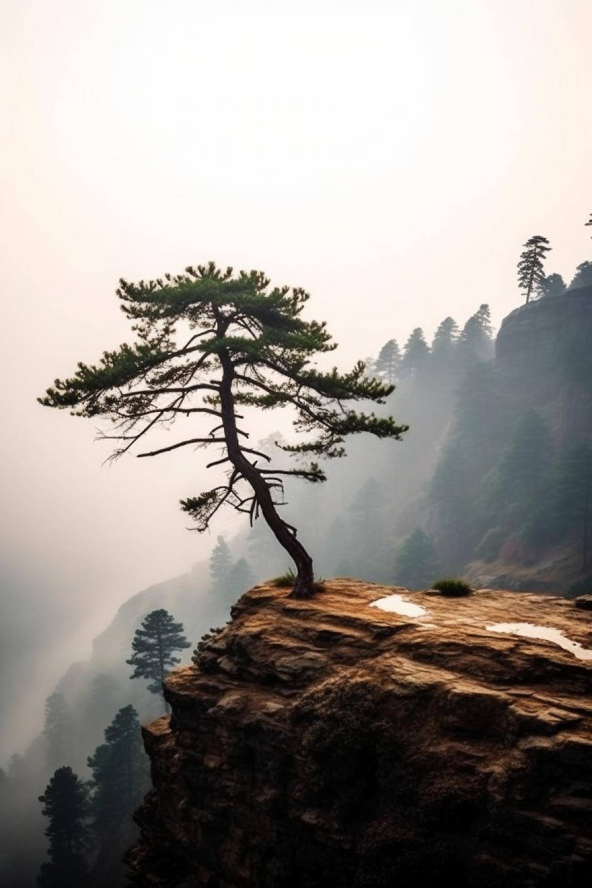 Lonely pinetree up on the cliff-rock in the morning mist awaking feeling of sorrow sadness loneliness and hopelessness
