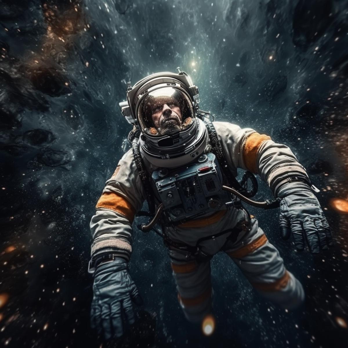 an astronaut flying alone in the deep outer space, loneliness, despair and horror in his eyes, galaxies and stars in the dark background, cinematic, hyper detailed, hyper realistic, professional photo, 8k