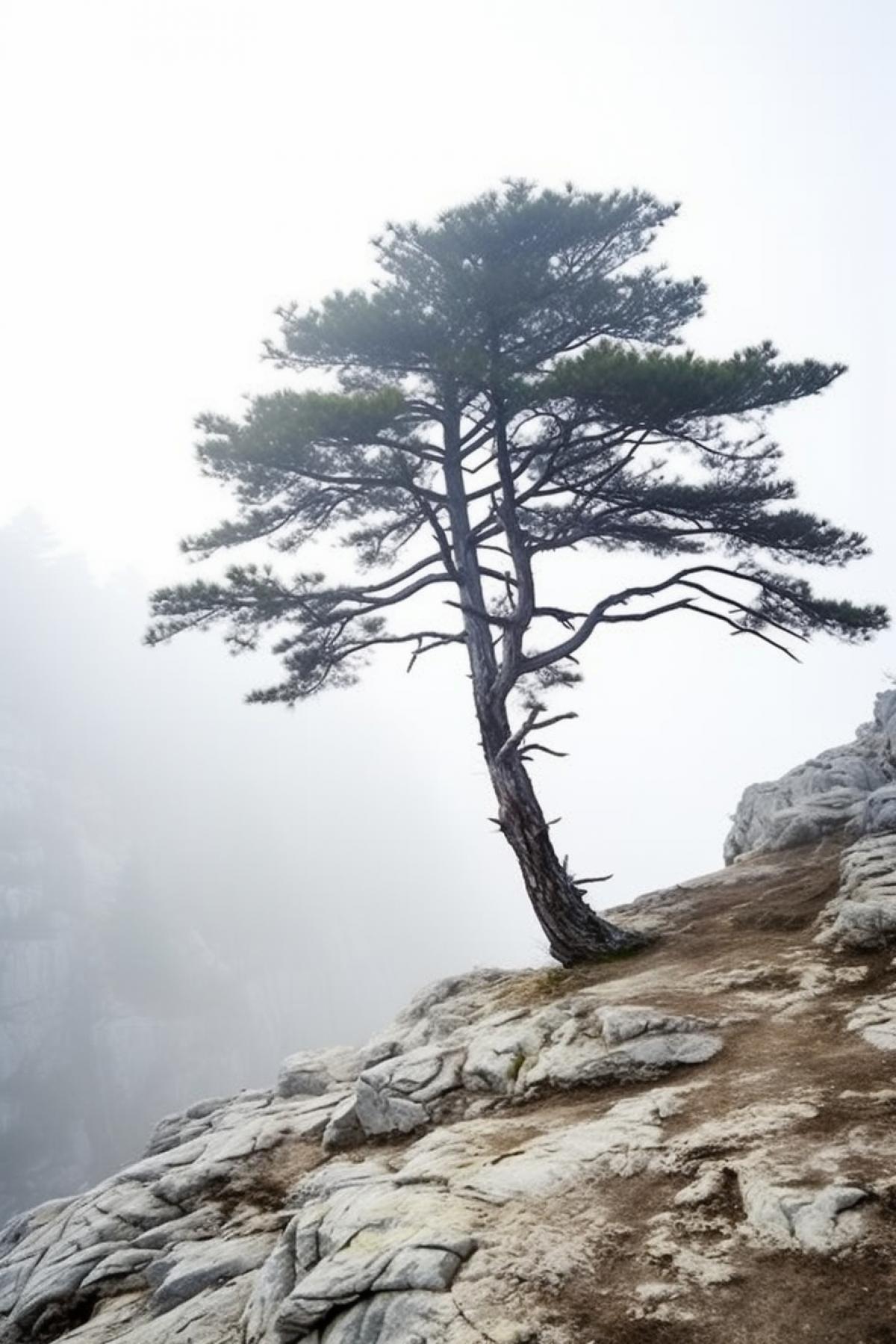 Lonely white pinetree up on the white cliff-rock in the morning white mist awaking feeling of sorrow sadness loneliness and hopelessness use white palette only