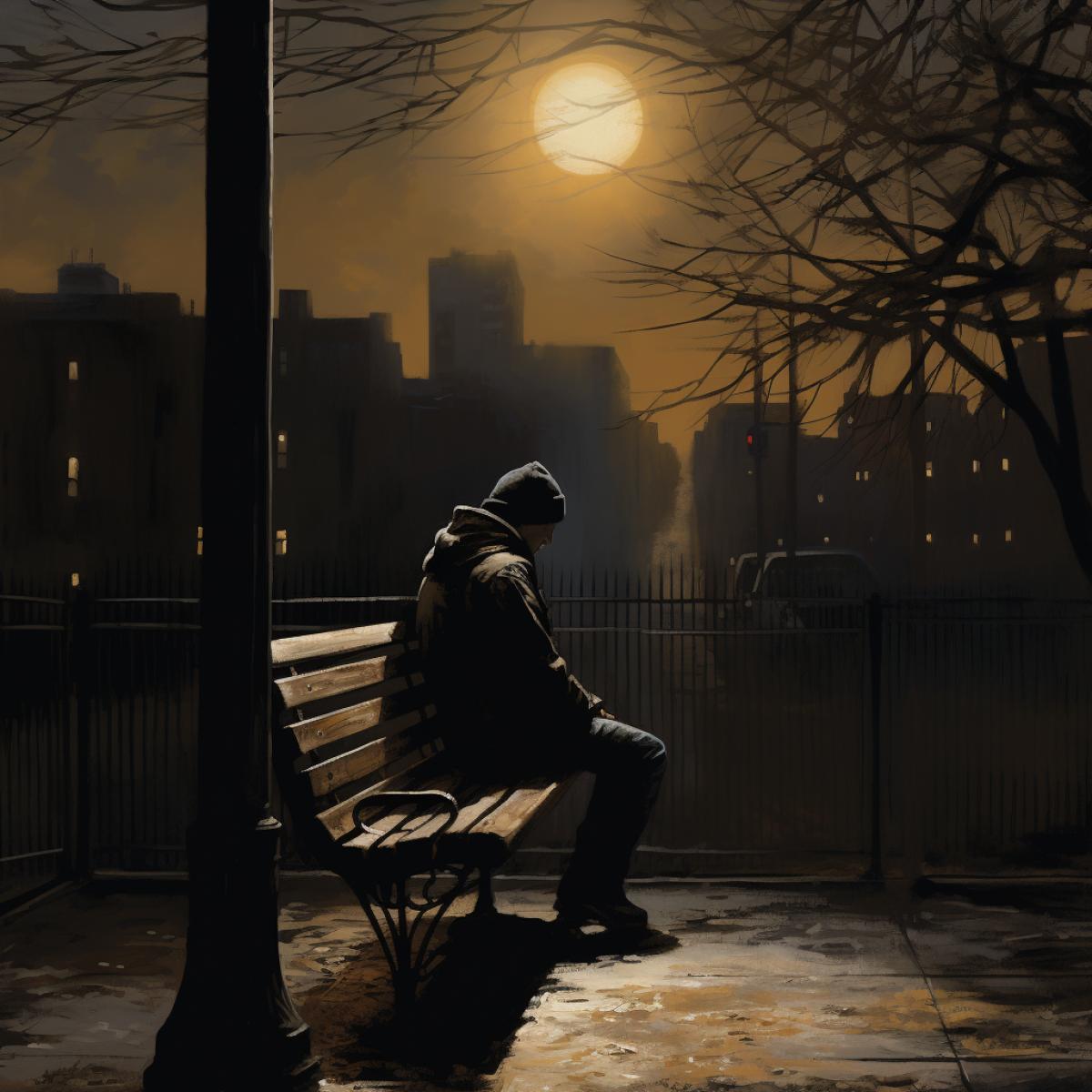 Amidst a desolate urban landscape, a solitary figure sits on a weathered bench under the dim glow of a flickering streetlamp. The cool, muted tones of the surroundings echo the loneliness, while distant city sounds emphasize the isolation. Shadows cast long, emphasizing the yearning for connection.