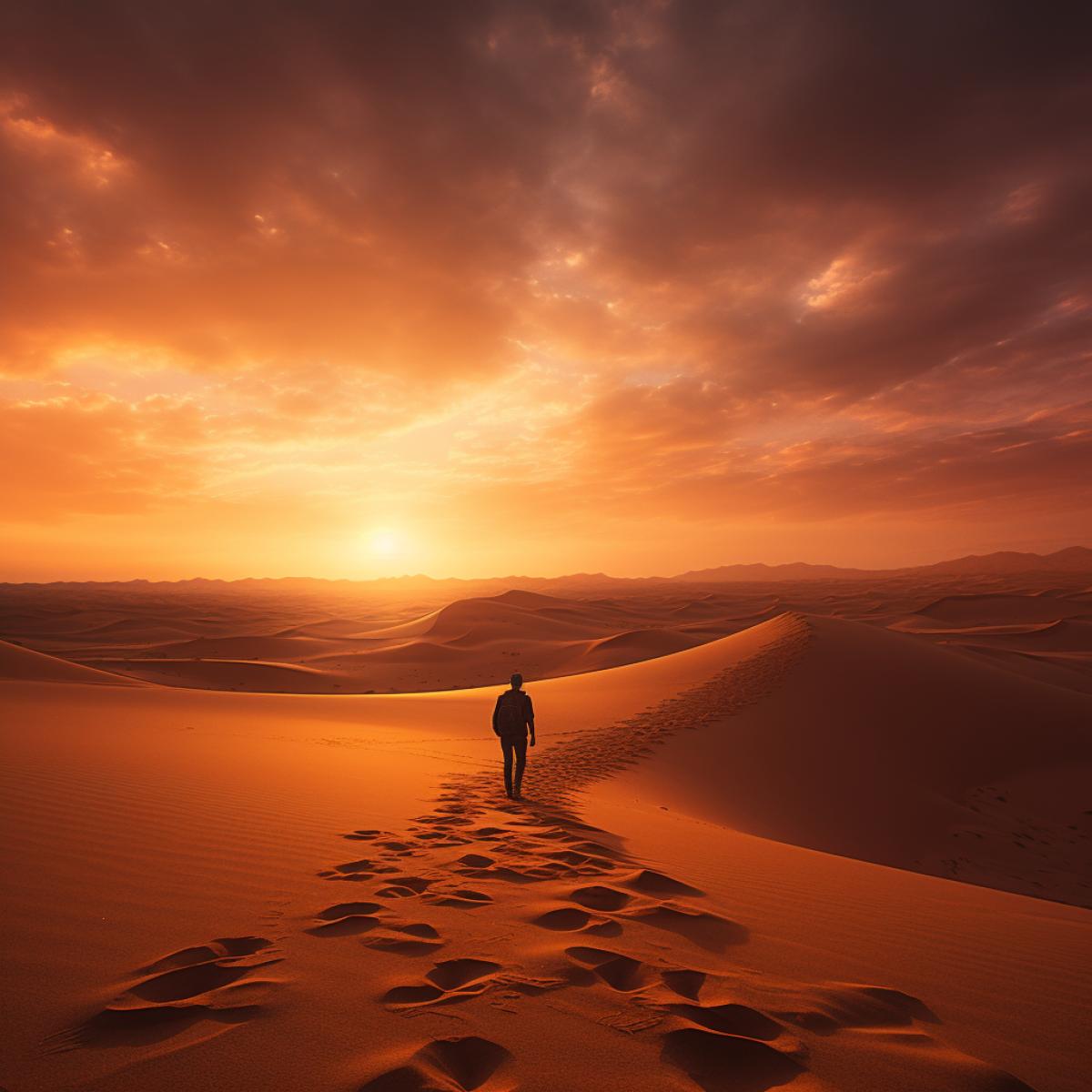 A lone traveler navigates a vast, otherworldly desert at sunset, where the warm, golden hues stretch across endless dunes. The solitary silhouette, burdened by a backpack, trudges through the sand, creating a stark contrast between the expansive solitude and the 4k struggle against natures vast emptiness.