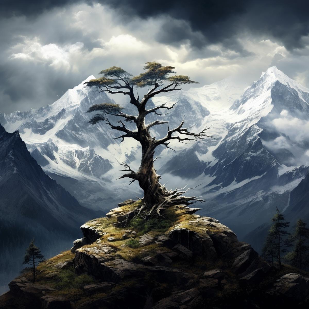 High in the mountains, a lone tree clings to the rocky edge, buffeted by winds that carry the chill of isolation. The landscape is vast, with snow-capped peaks and a solitary eagle soaring overhead. The tree, resilient yet solitary, becomes a symbol of strength in the face of profound loneliness within the grandeur of nature.