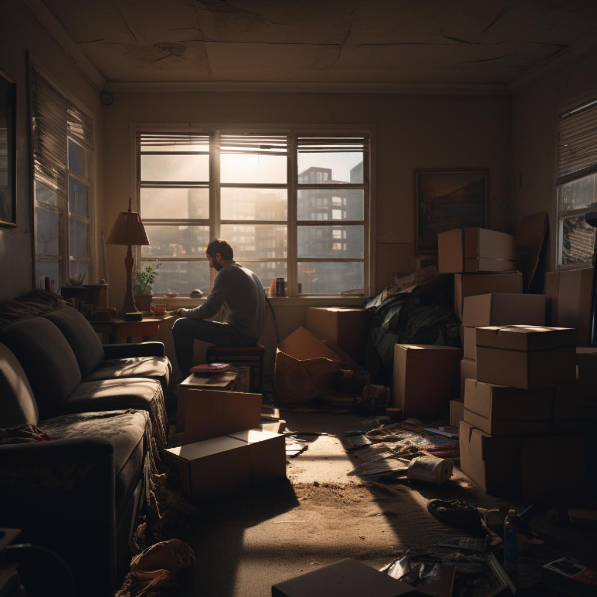 Inside a dimly lit apartment, a person sits on the edge of a worn-out sofa, surrounded by empty, half-packed boxes. The pale, muted colors of the room amplify the oppressive weight of solitude, while a single shaft of light through the window accentuates the isolation, emphasizing the struggle against the encroaching void.