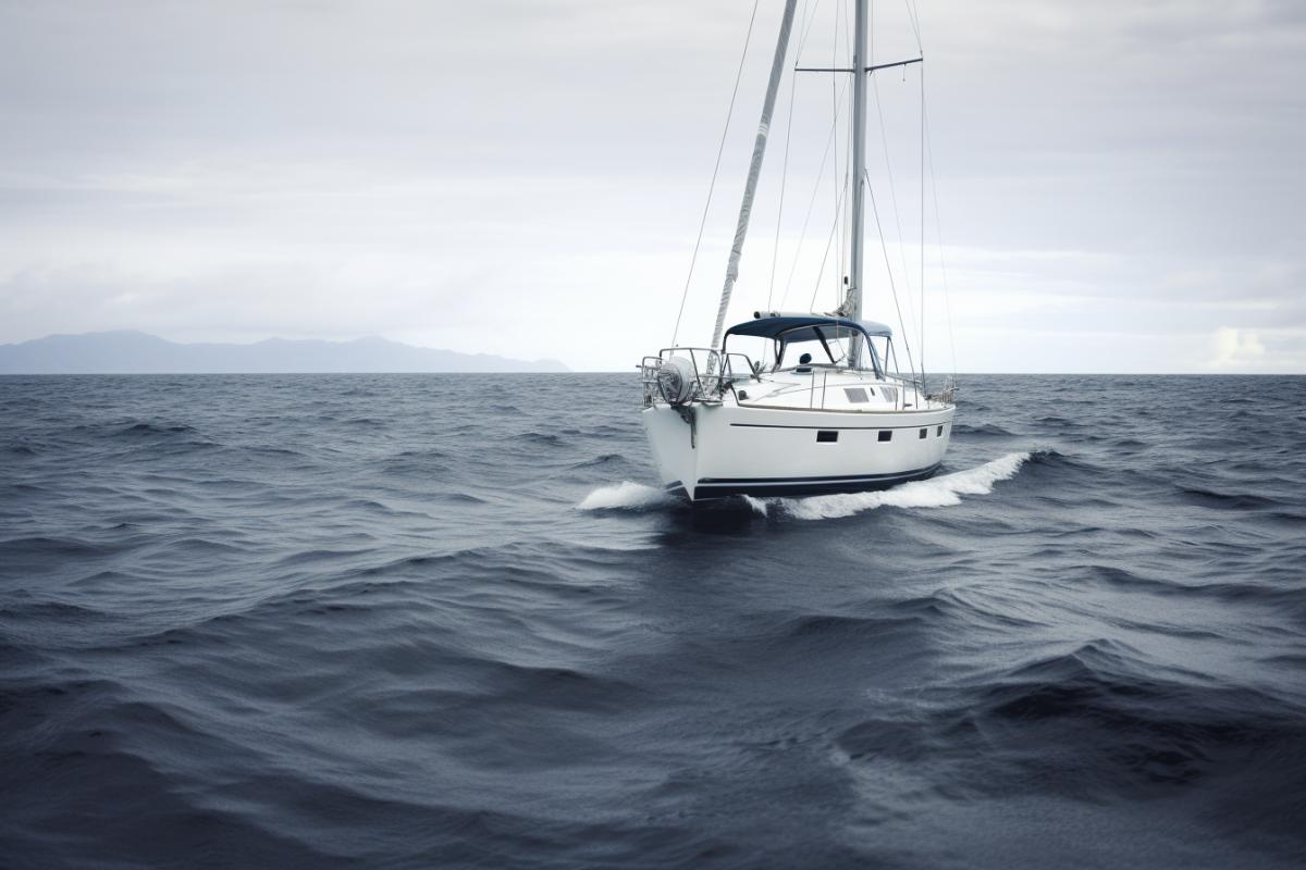 White small yacht with a sail in a stormy ocean