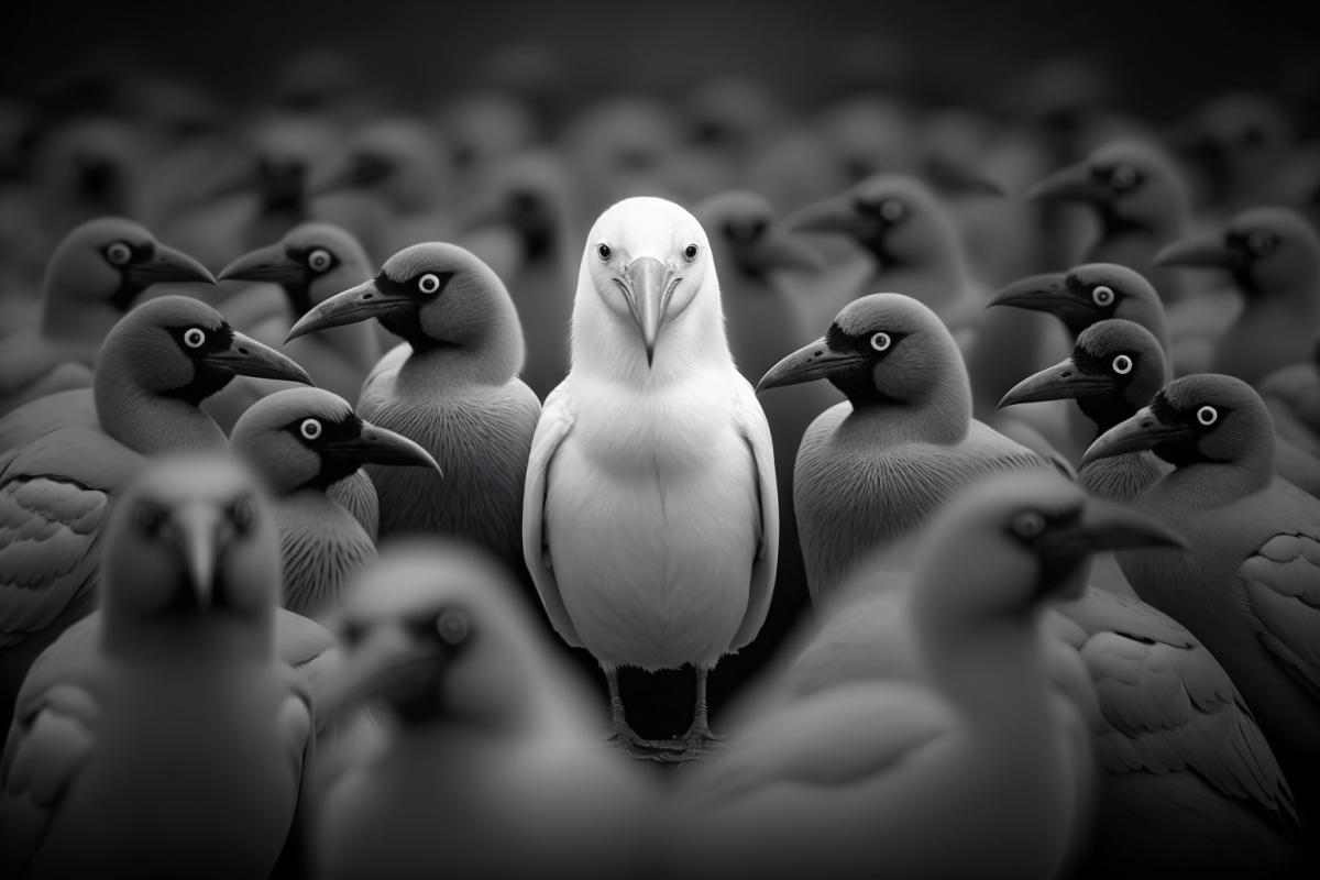 white crow in a flock of dark ones
