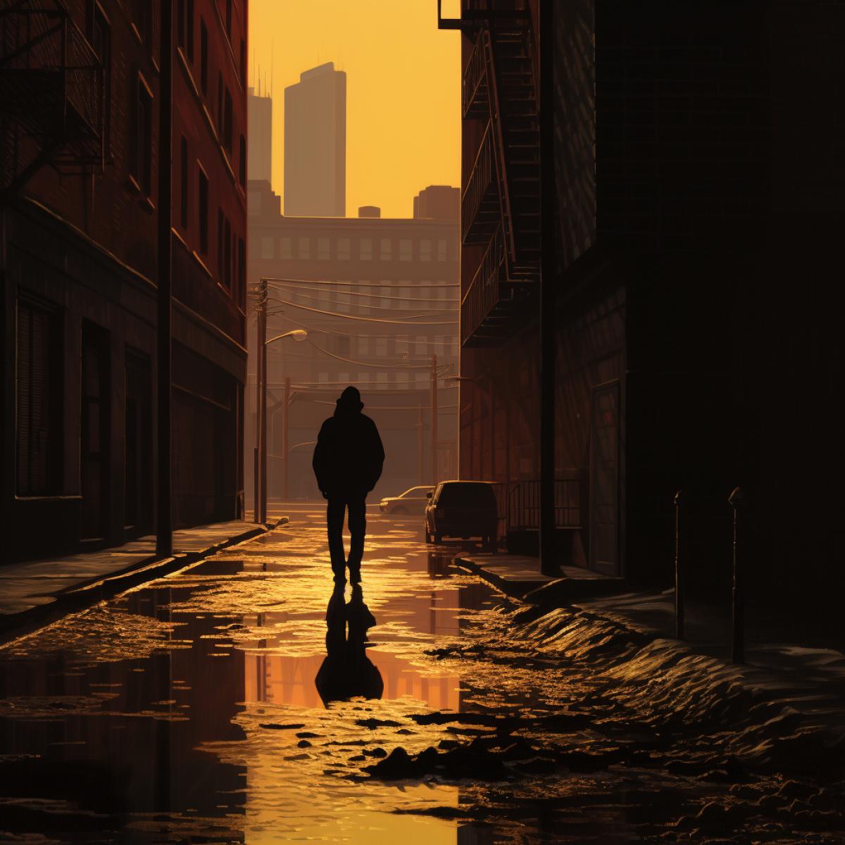 A lone silhouette stands in an urban alley, framed by towering buildings. Harsh, artificial light spills onto wet pavement, creating a stark contrast between brightness and shadows. The solitude is palpable as the figure confronts the oppressive cityscape, aching for connection in the face of overwhelming, suffocating emptiness.