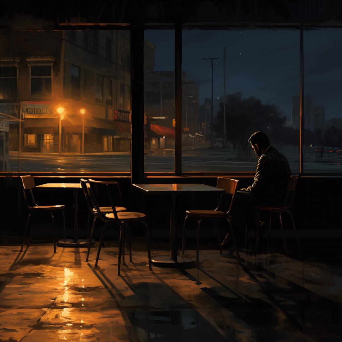 In an empty cafe at twilight, a person sits at a solitary table, surrounded by overturned chairs and deserted tables. The soft, melancholic glow of streetlights outside casts long shadows, enhancing the sense of isolation. The deserted urban landscape beyond the window mirrors the internal ache of profound solitude.